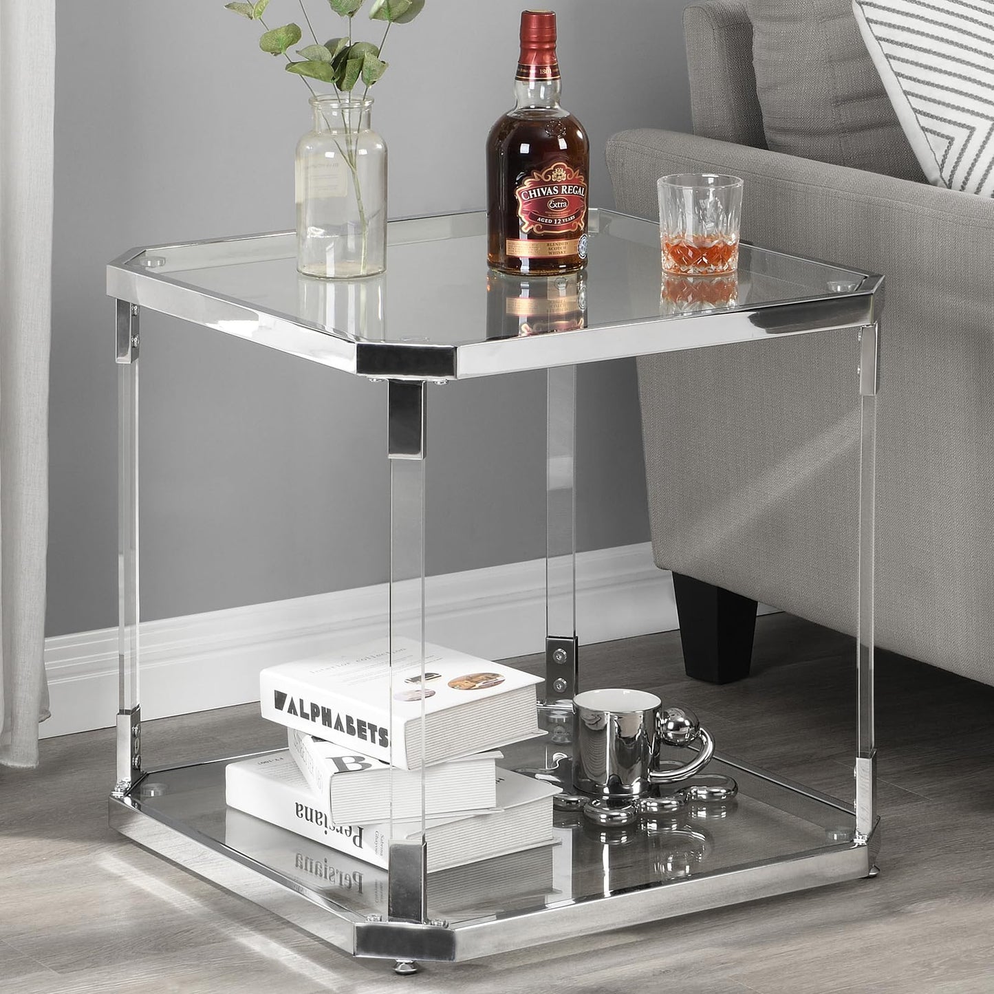 MINPINSER Glass Top Side Table - Silver Square Glass Top End Table Clear Acrylic Nightstand for Living Room Bedside Bedroom