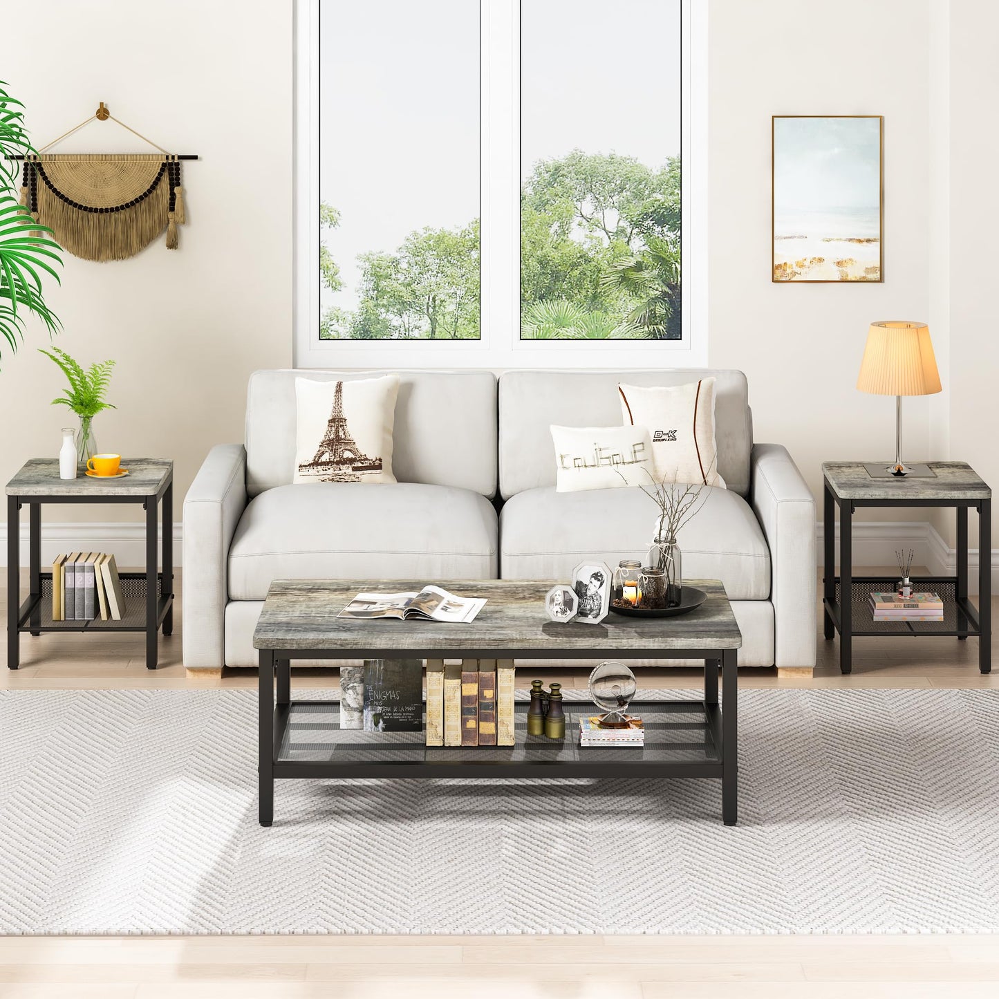 AWQM Coffee Table Set of 3, Industrial Coffee Table with 2 Square End Side Tables, Modern Living Room Table Set with Metal Frame for Apartment Home Office, Grey