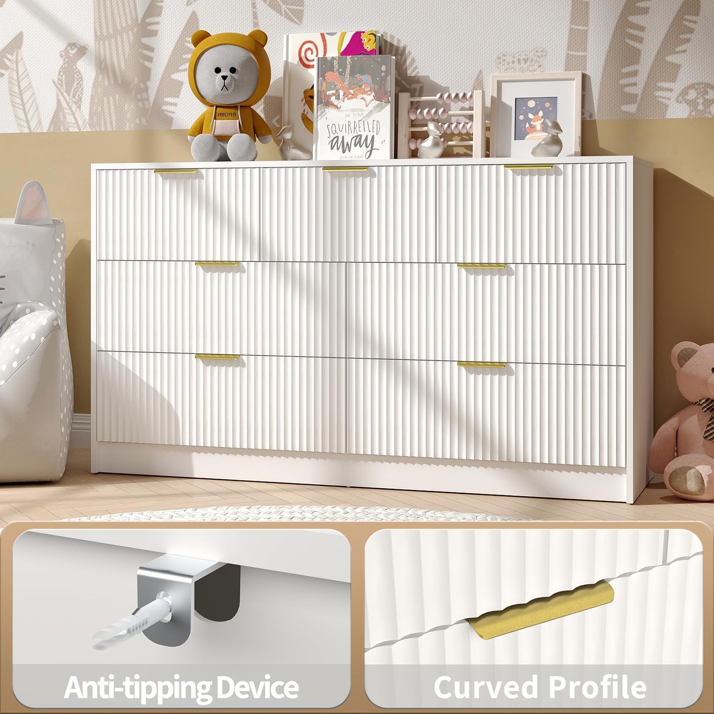 NOVAMAISON White Dresser with 7 Drawer - 55” Wide Fluted Dresser for Bedroom with Metal Handle, Modern Chest of Drawer for Bedroom, Closet, Living Room, White