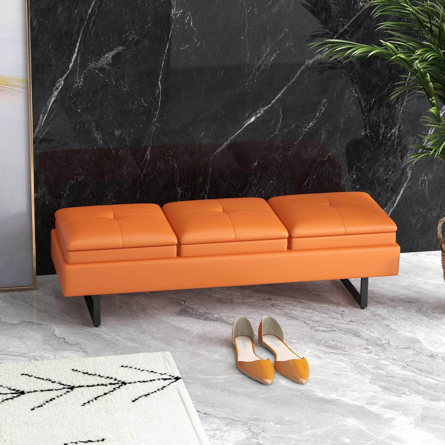 Kinfant Modern Futon Sofa Bed - 3-Seat Couch Bed with Soft Cushions for Living Room Bedroom and Small Space (PU Leather, Orange)