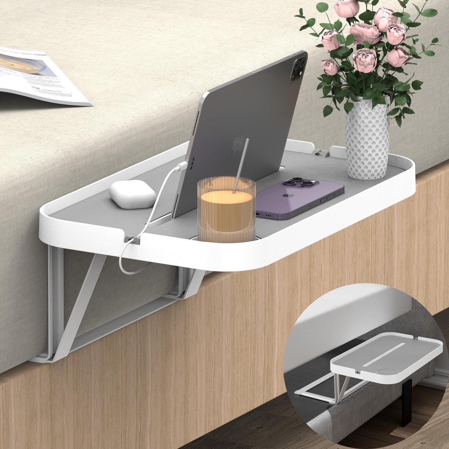 KIWIFOTOS Bedside Shelf for Bedside Storage Rack Removable Tray Bedside Table Nightstand Shelf for Bed Mattress (Insert into Mattress/L Shape)