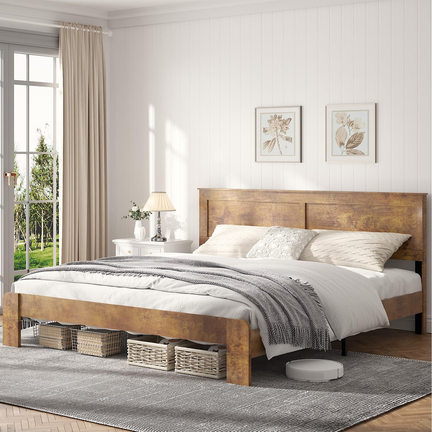 SAMTRA Wooden Bed Frame King Size with Headboard, Farmhouse Platform Bedframe with Wood Slat Support, Sturdy Framework Bed Frame, Easy Assembly (Rustic Brown)