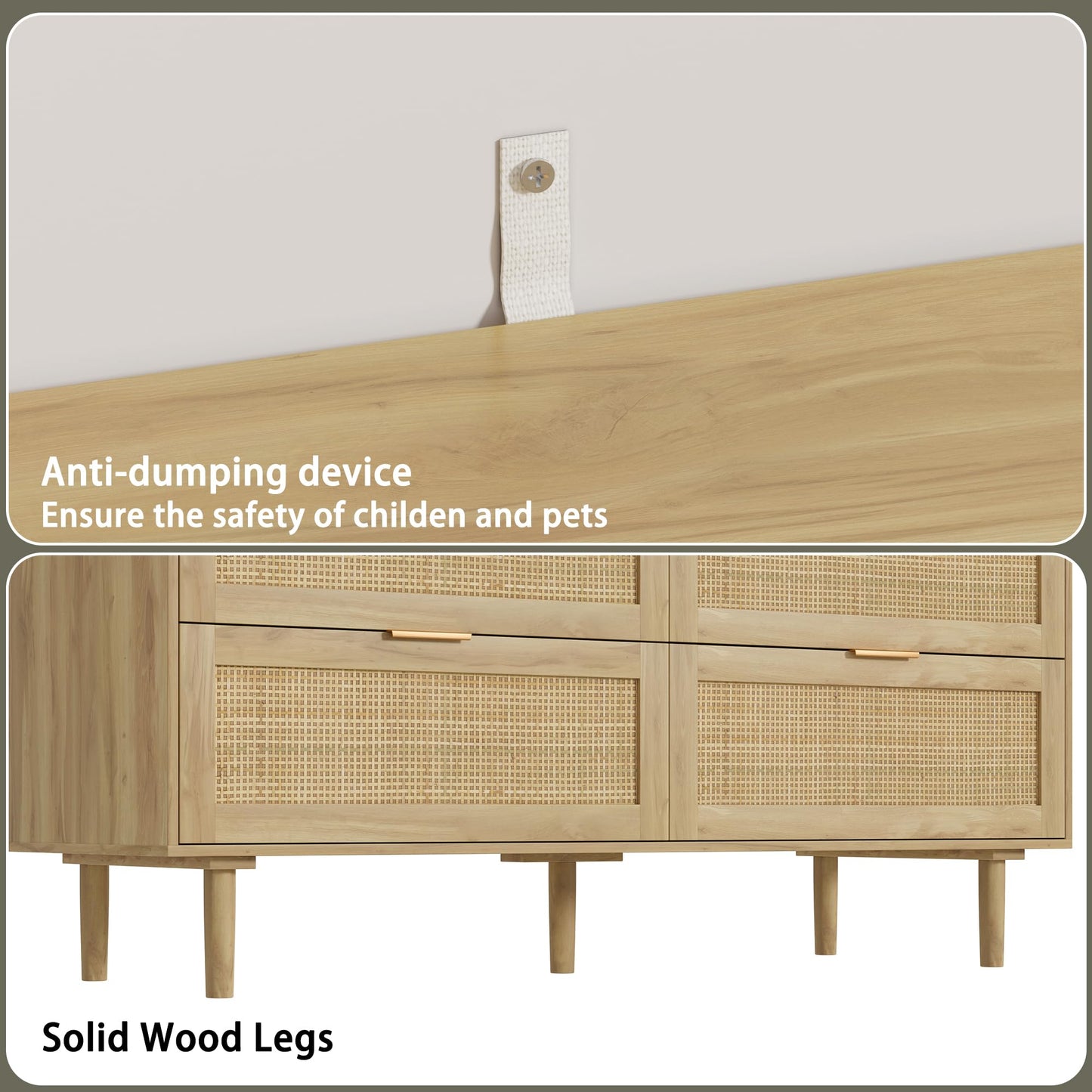 Furnideco 6 Drawer Rattan Dresser for Bedroom Wood Dresser for Closet with Solid-Wood Legs Boho Chest of Drawers Beside Table for Bedroom, Living Room, Natural