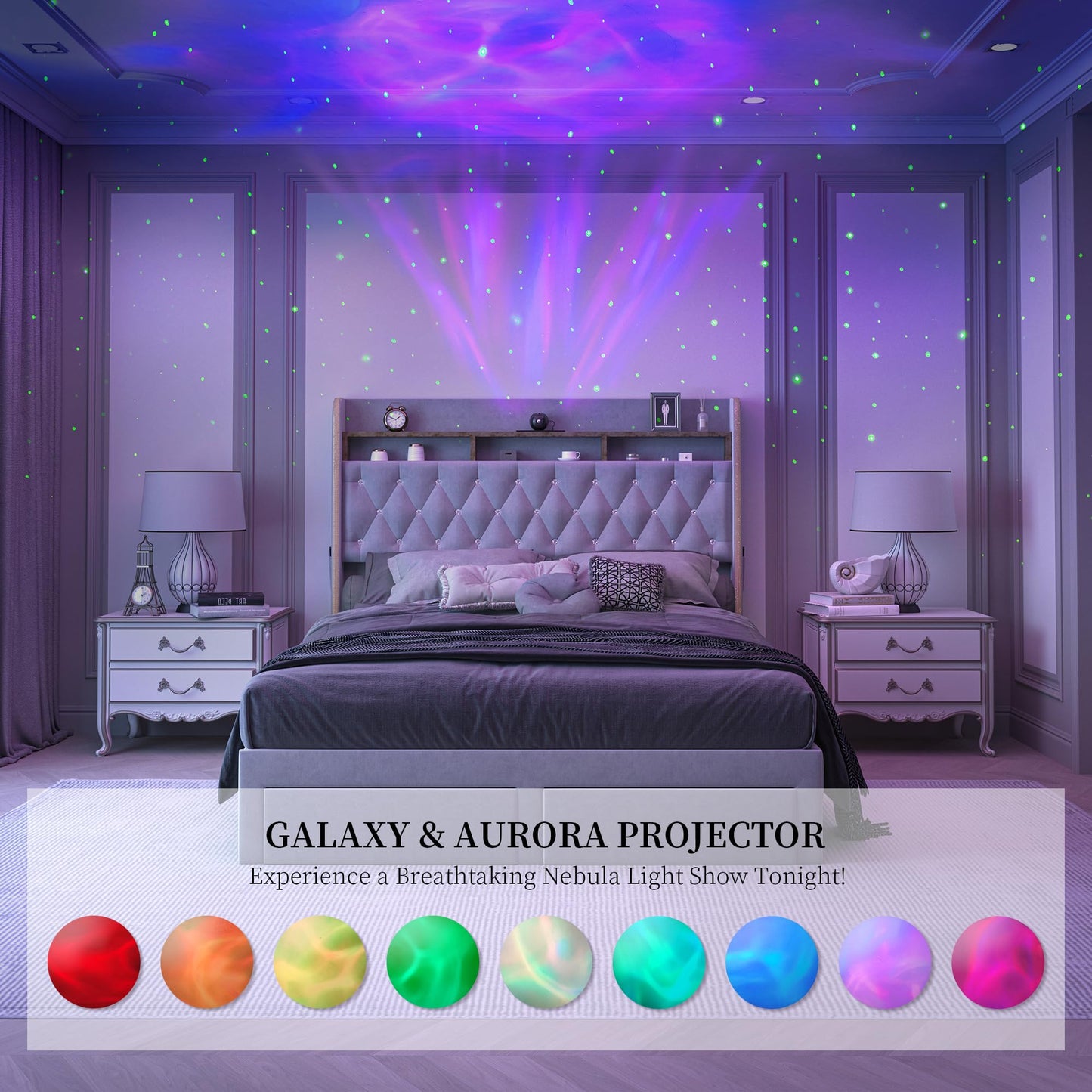 SIBEDS Queen LED Bed Frame with Storage Drawers, Velvet Upholstered Platform Beds with Galaxy Star Projector Charging Station Speaker, Aurora Bedframe with 2-Tier Storage Headboard, Noise-Free, Grey