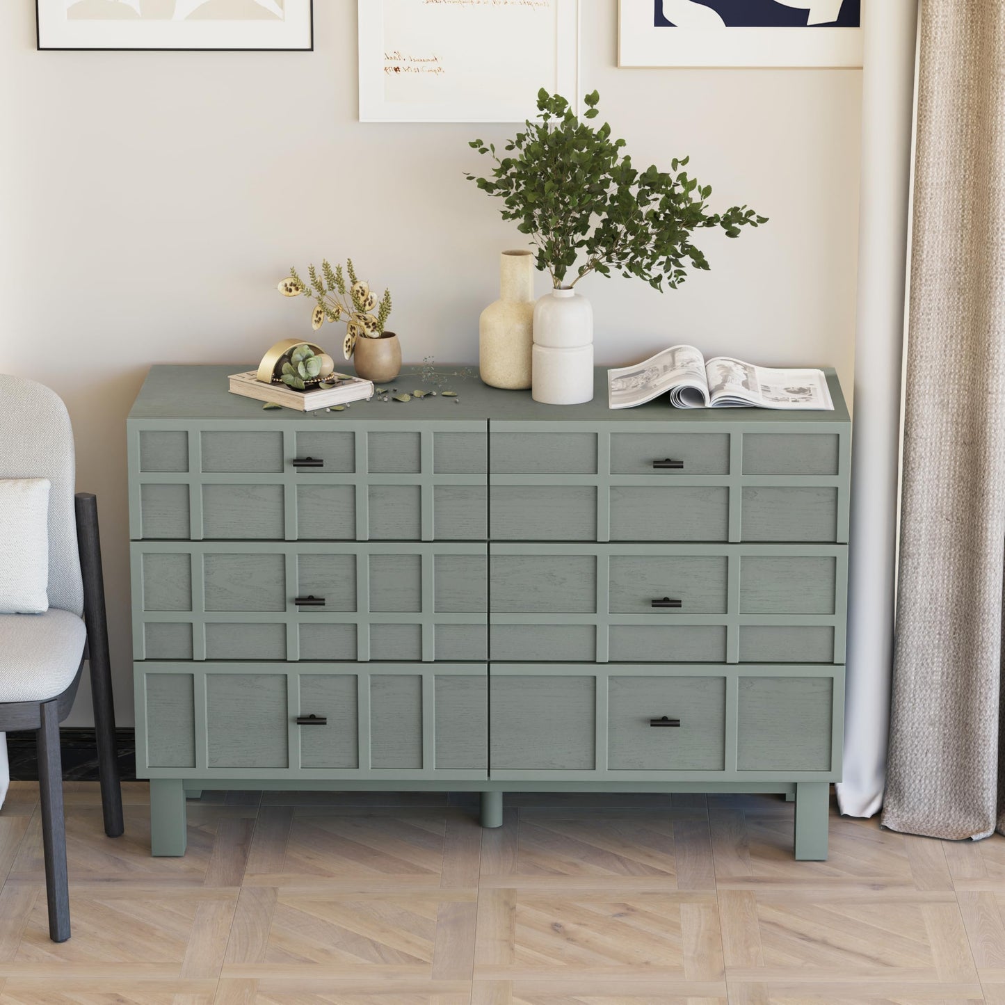 Aoikax Modern 6 Drawer Double Dresser with Grid Carved Pine Front, Minimalist Chest of Drawers with Large Storage Space Metal Base for Bedroom, Ash Veneered Top, Metal Legs, Light Green