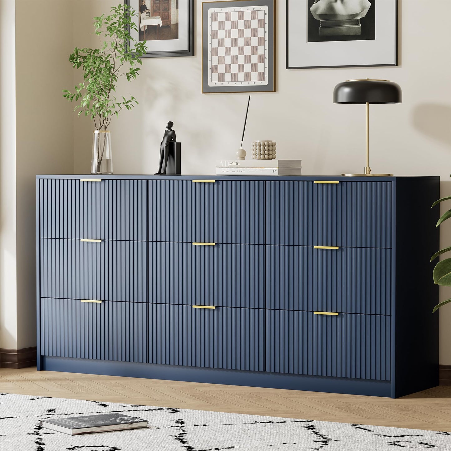 Furniway Blue Dresser for Bedroom, Modern Dresser with 9 Drawers and Smooth Slides, Wide Chest of Drawers with Golden Handles for Bedroom, Living Room, Closet, 15.7" D x 63" W x 31.5" H