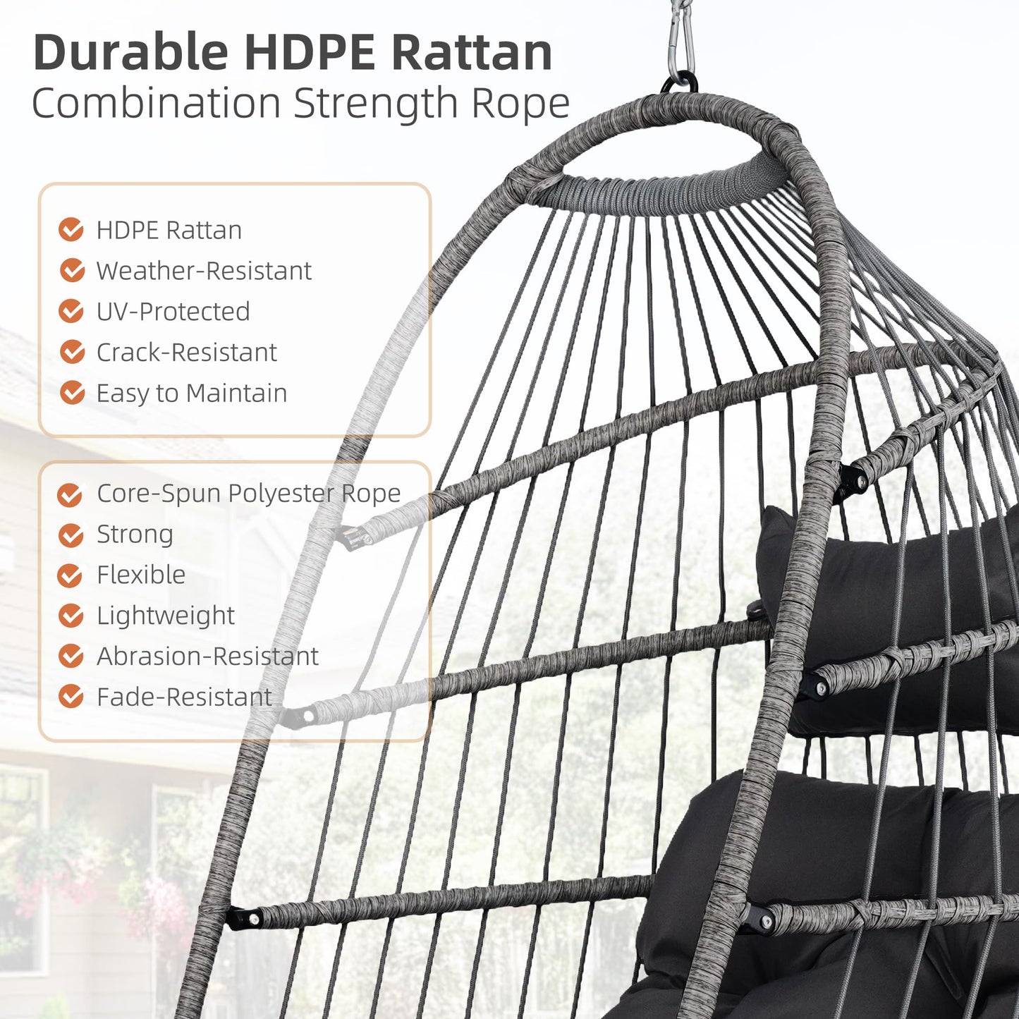 Hanging Egg Chair Without Stand, HDPE Rattan Foldable Swing Chair with Aluminum Frame & UV Resistant Cushion, Hammock Egg Basket for Indoor Outdoor Bedroom Garden, 350Lbs Capacity (Dark Grey)