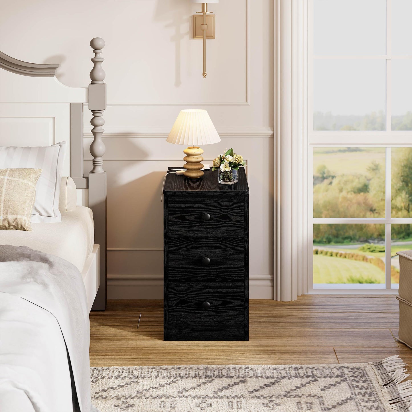 LIKIMIO Nightstand with Charging Station, Narrow Bedside Table with 3 Drawers, End Table with USB Ports and Outlets, Side Table for Living Room/Bedroom Modern