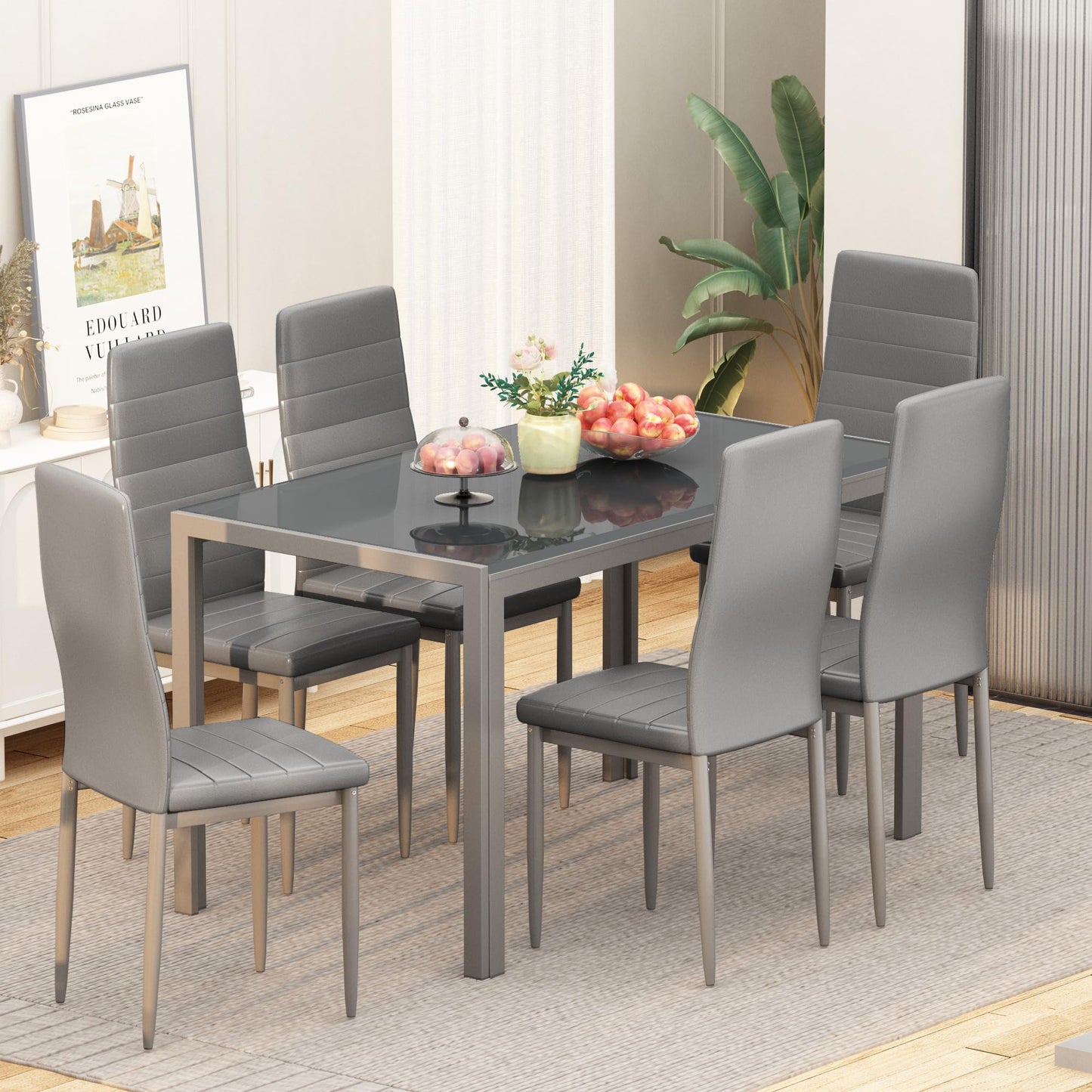Hooseng Dining Table Set for 6, Tempered Glass Kitchen Table with 6 PU Leather Chairs, 7-Piece Dining Room Sets for Small Space, Dinette, Apartment