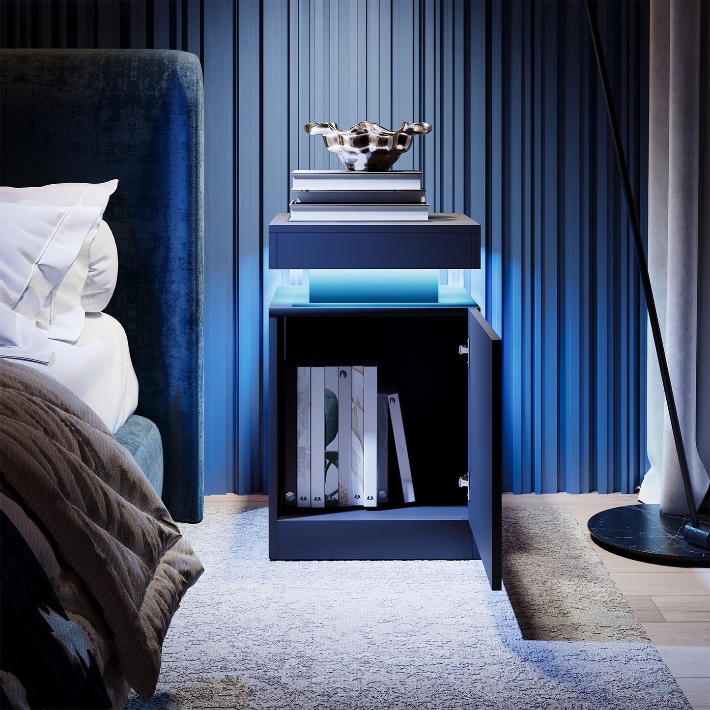 MXV Nightstand Set of 2 with LED Lights,Night Stand with Storage Cabinet for Bedroom,Bedside Table with LED (Black, 17.7" / Set of 2)