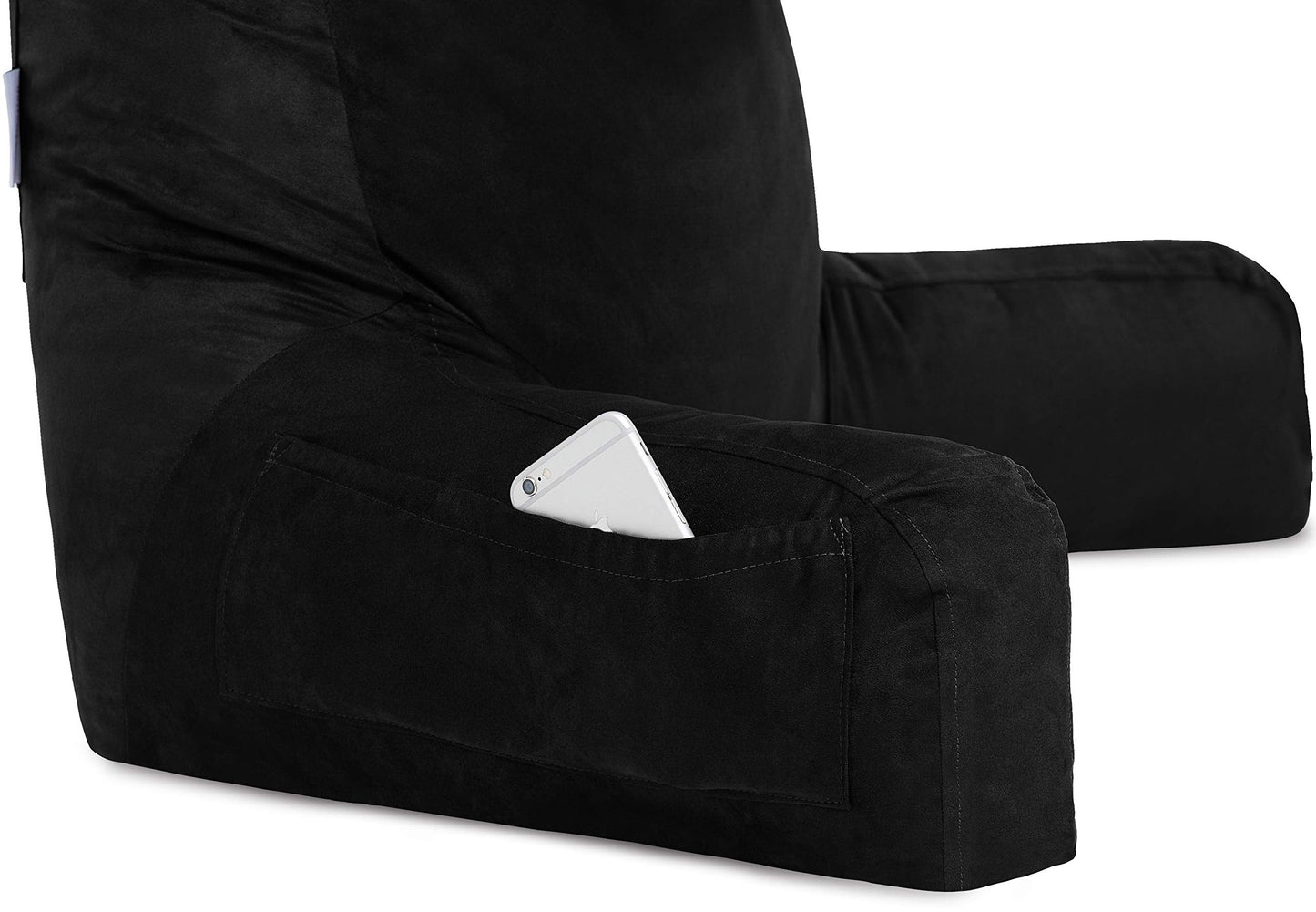 Husband Pillow XXL Aspen Edition, Adult Reading Sit Up Bed Rest Pillow for Bed with Arms & Neck Roll on Bungee Cord - Premium Memory Foam - Reversible 2 Sided Cover Micro Suede or Plush, Stable Black