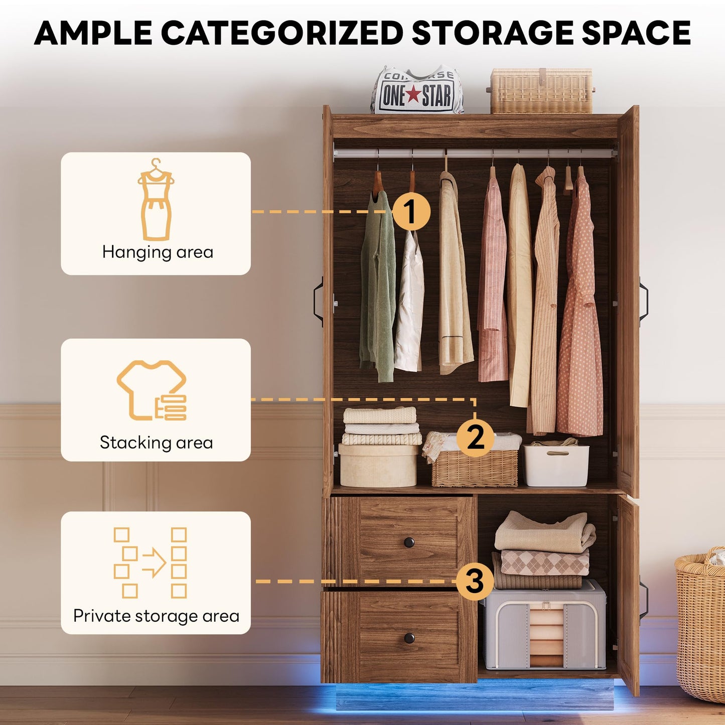 LIKIMIO Farmhouse Wardrobe Closet with Doors, 70" Bedroom Armoires with LED Lights and Hanging Rod, Wooden Large Wardrobe Cabinet with 2 Drawers and 1 Cabinet, Walnut