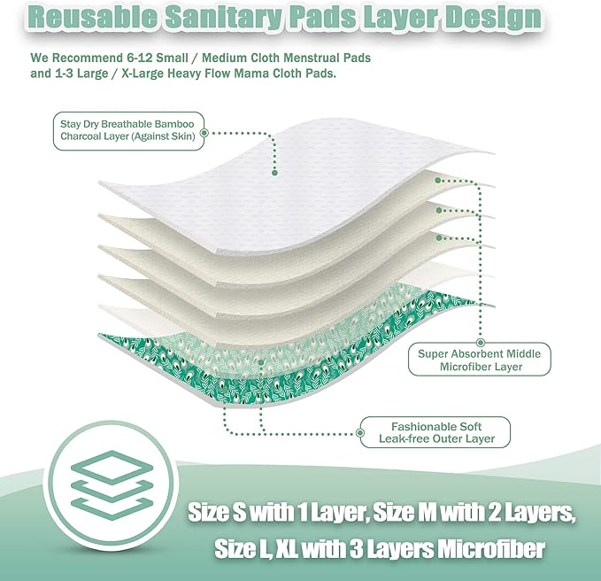 wegreeco Reusable Menstrual Pads - Reusable Sanitary Pads | Gentle Reusable Panty Liners | Soft Cloth Menstrual Pads - 6 Pack with 1 Cloth Mini Wet Bag (Small, Peacock)