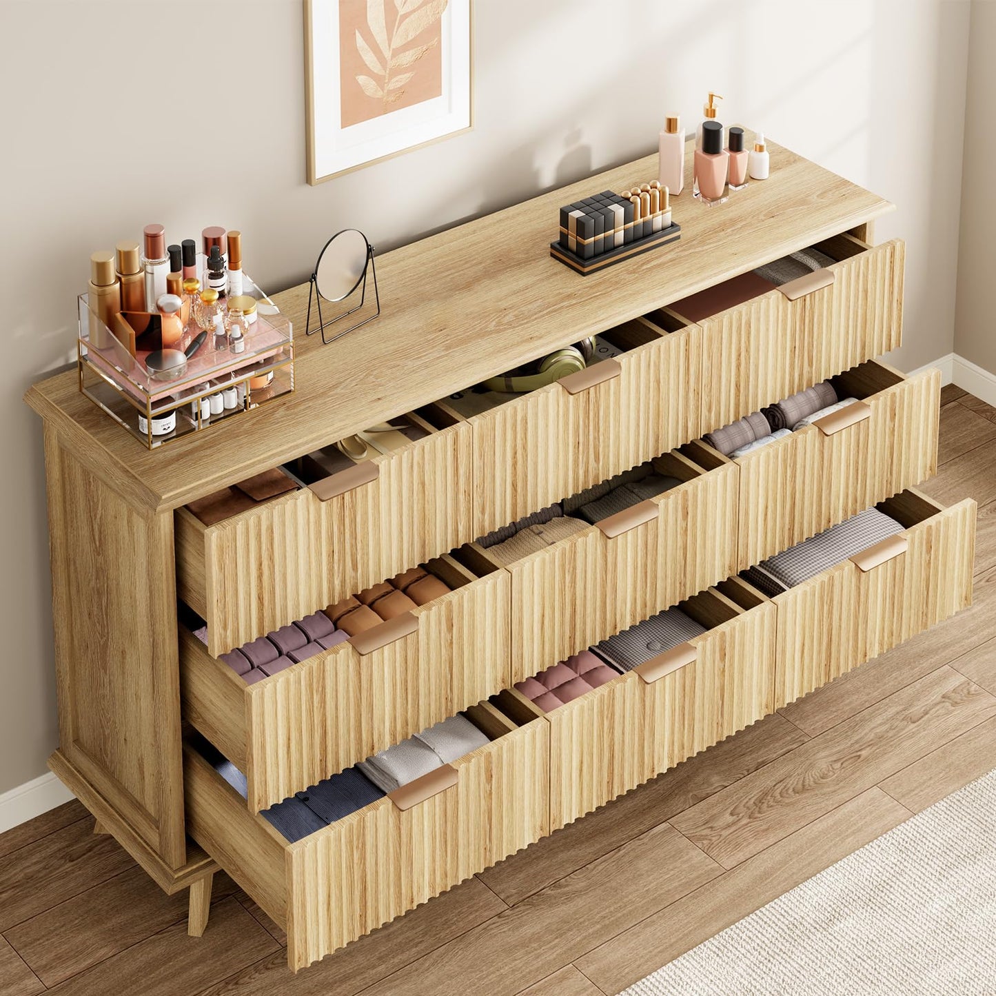 QUW Fluted 9 Drawers Dresser, 59.1" Wide Modern Chest of Drawers with Metal Handle, Large Dresser TV Stand, Wood Drawer Organizer for Bedroom, Living Room, Hallway, Dormitory, Natural Oak