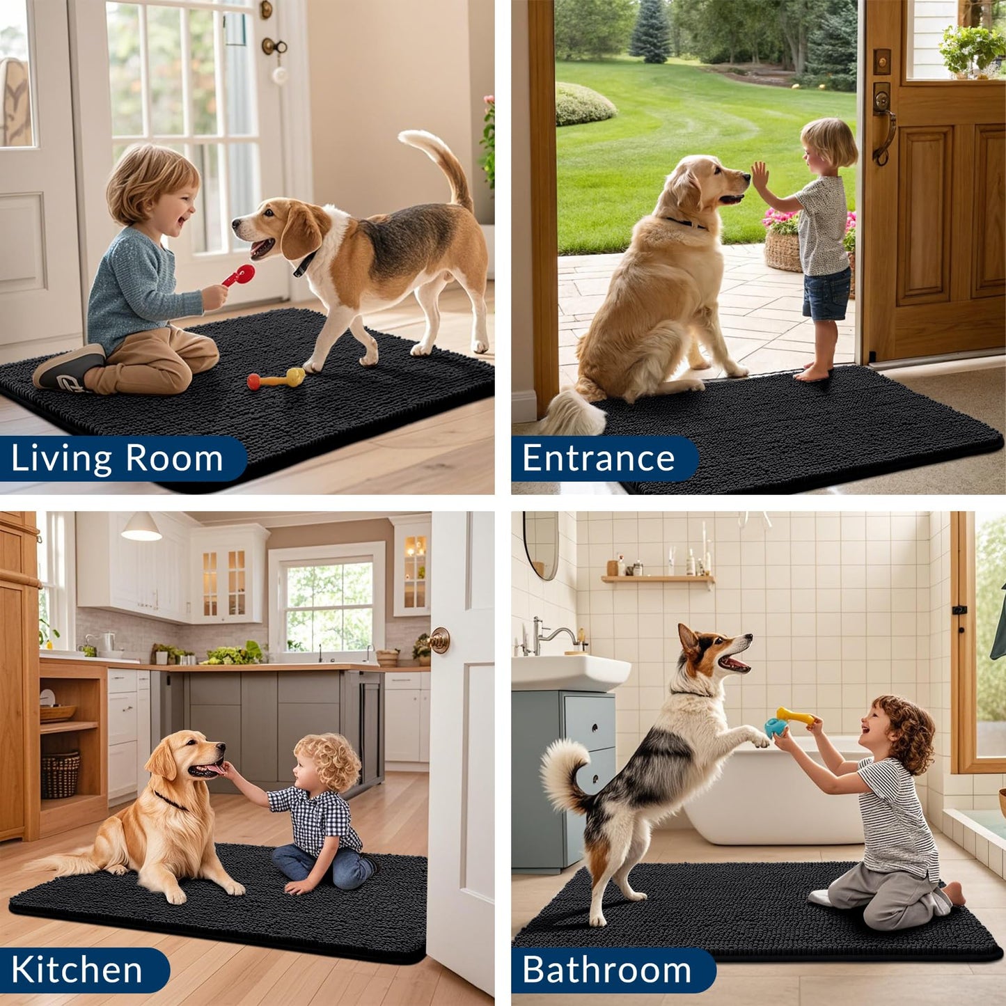 Smiry Dog Door Mat for Muddy Paws 47x32, Absorbs Moisture and Dirt Doormat, Non-Slip Washable Quick Dry Chenille Front Door Mat Indoor Entrance, Entryway Carpet for Inside Floor, Black