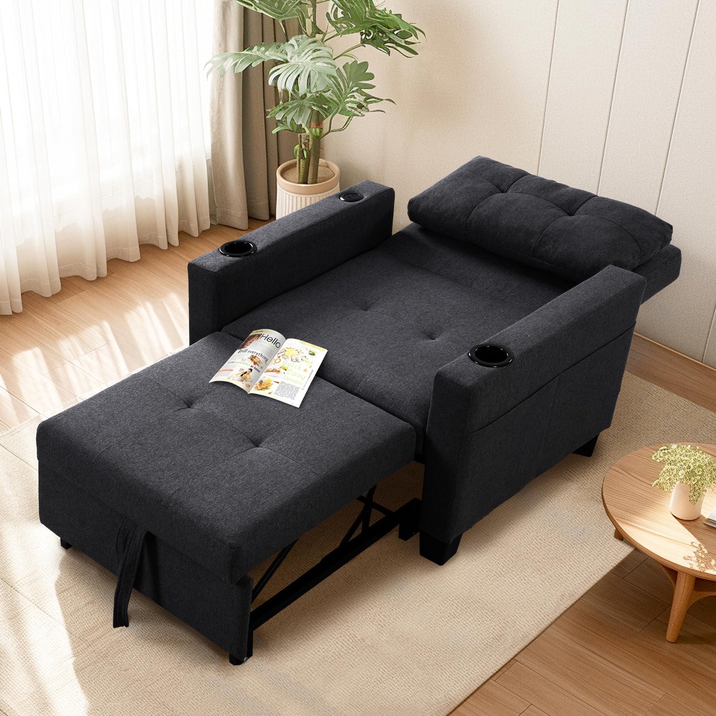 FLEXISPOT Sleeper Chair Bed with USB Ports & Cup Holders, 3-in-1 Convertible Sofa Bed for Living Room, Pull-Out Recliner Chair with Pillows, Adjustable Backrest, Small Space Furniture (Black)