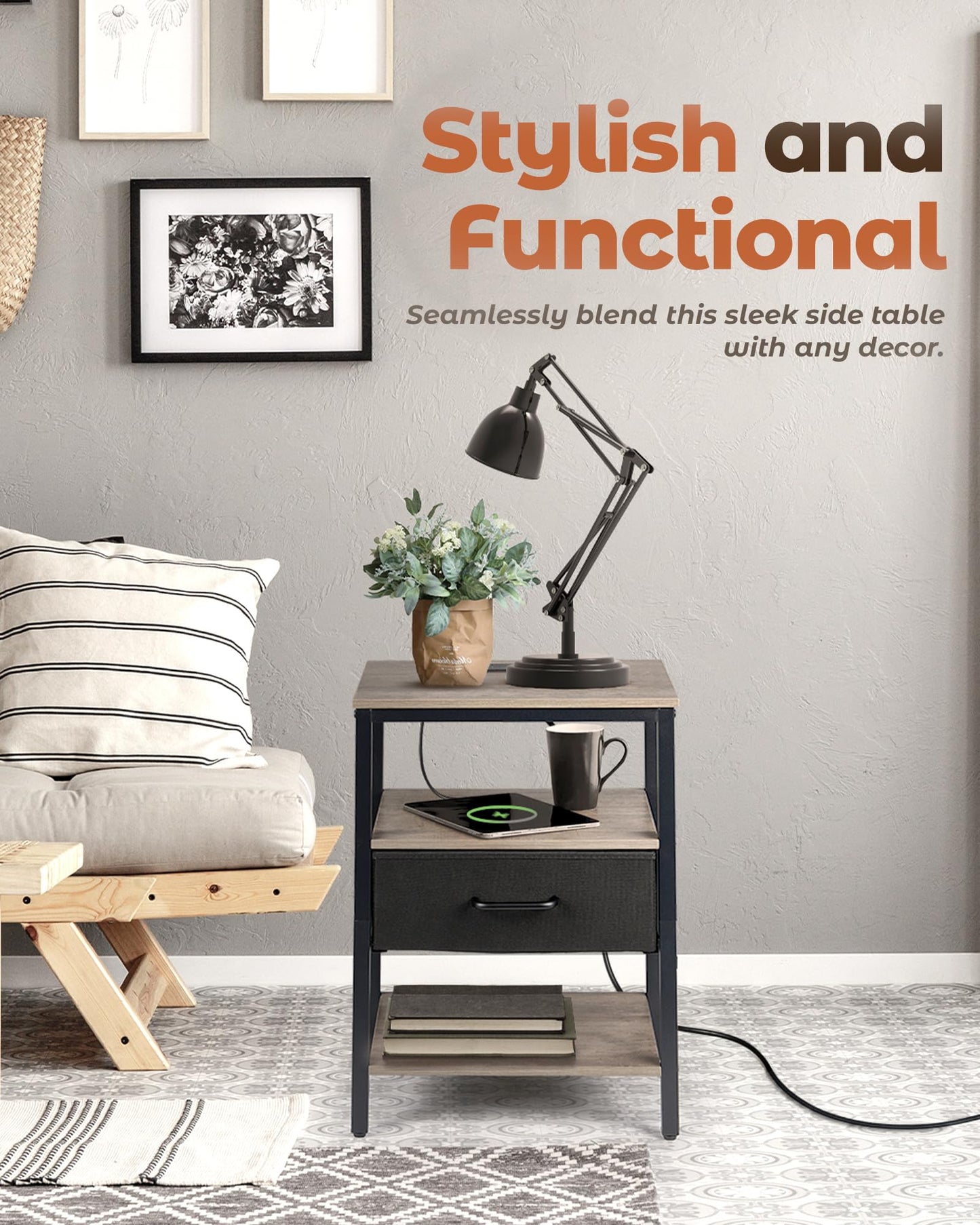 Upolana Nightstand with Charging Station, Bed Side Table with Fabric Drawer, 3-Tier Storage Dorm Night Stand for Bedroom, 2 USB & 2 Outlets End Table, Greige and Black