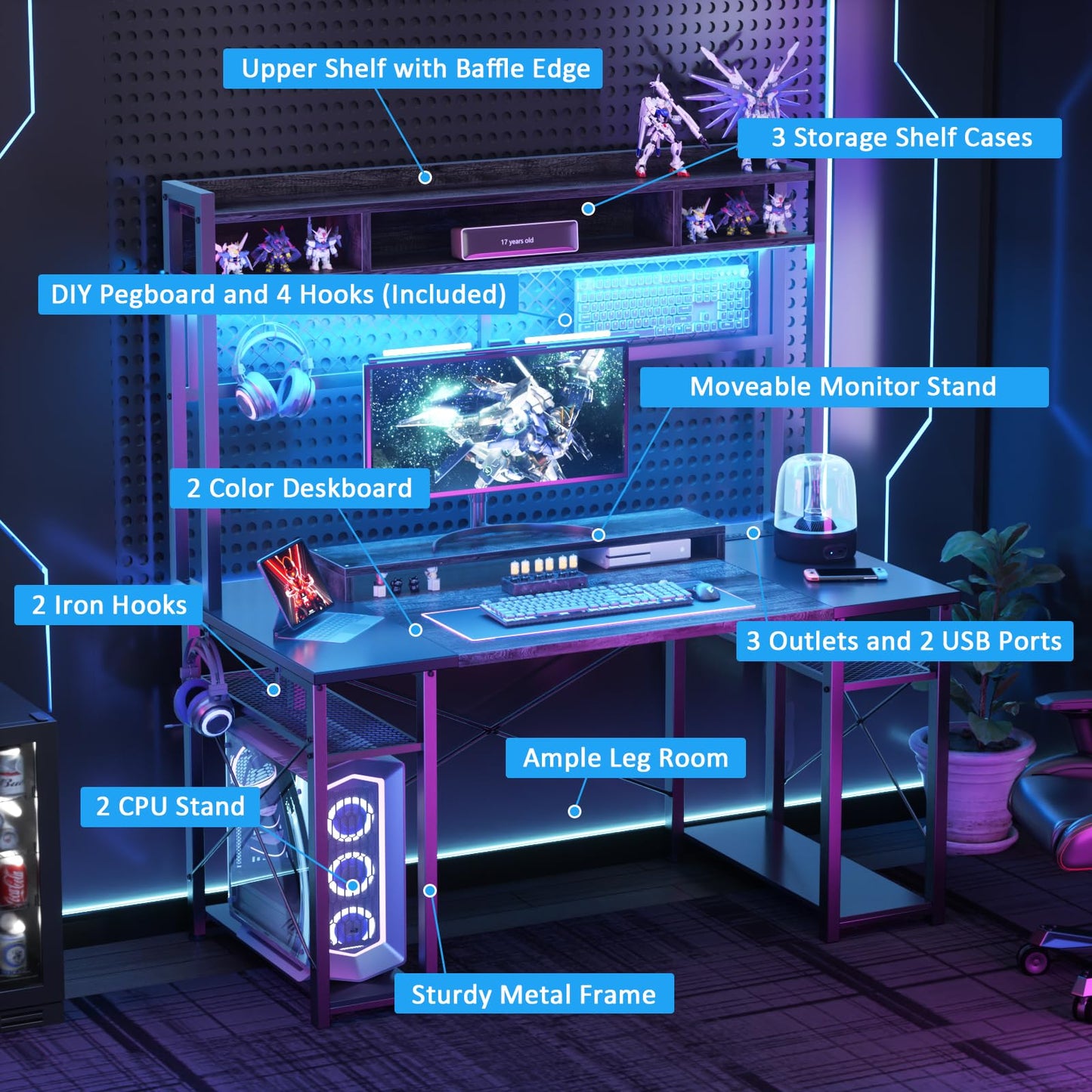 Armocity 2024 Upgrade Gaming Desk with Hutch, 48'' Magic Computer Desk with LED and Outlets, Reversible Workstation Desk with Pegboard, Grey/Black