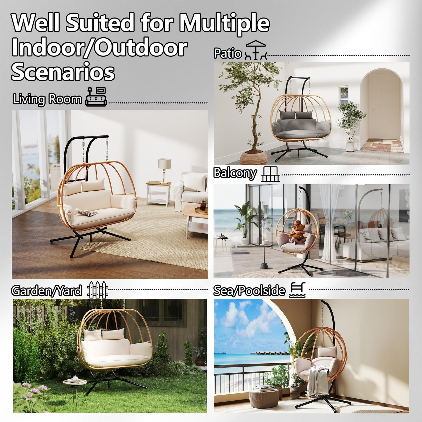 DAYARUS Hanging Chairs with Stand, All Weather Egg Chair Outdoor, Double Outdoor Egg Swing Chairs, 2 Person Patio Swing Chairs, Modern Egg Swing with Cushions, Metal Balcony Basket Loveseat, Beige