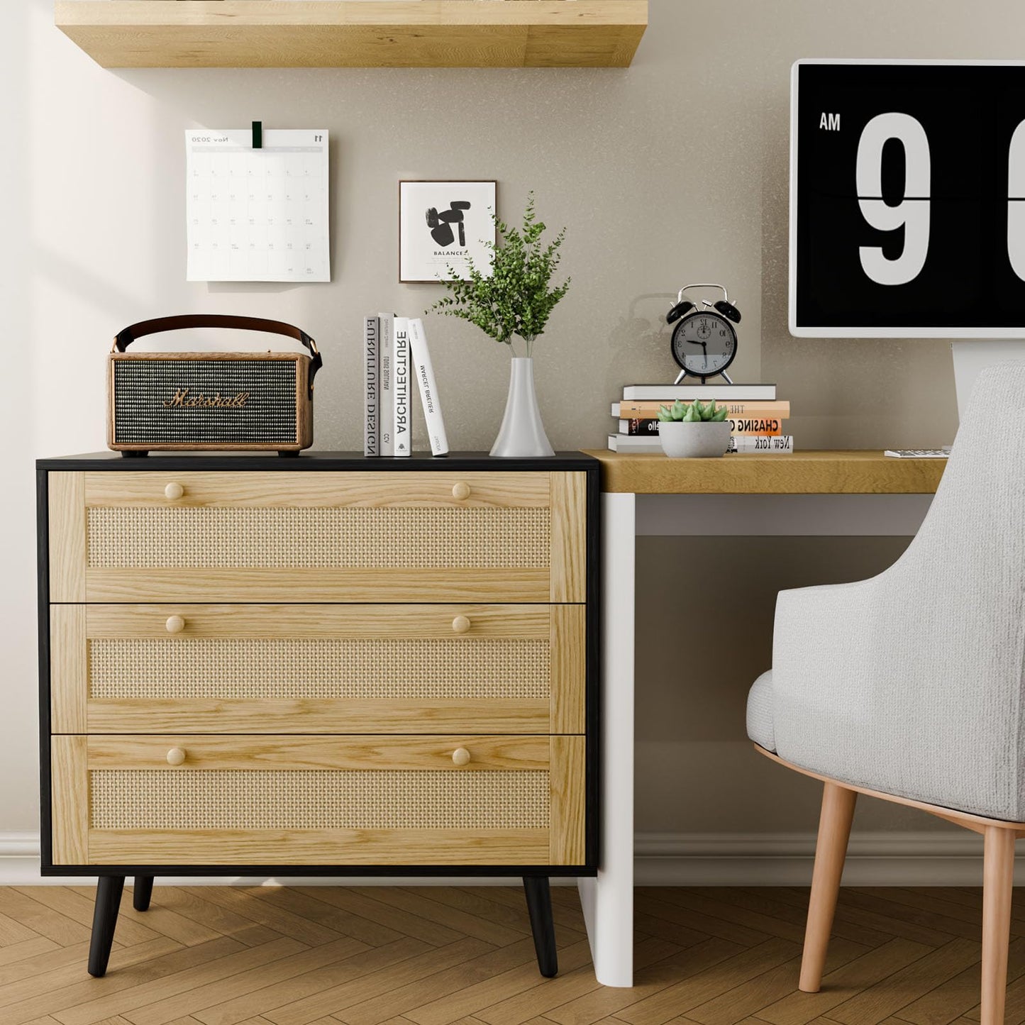 FURNIinspire 3 Drawer Dresser for Bedroom, Boho Dresser Chest with Handles for Bedroom Hallway Living Room