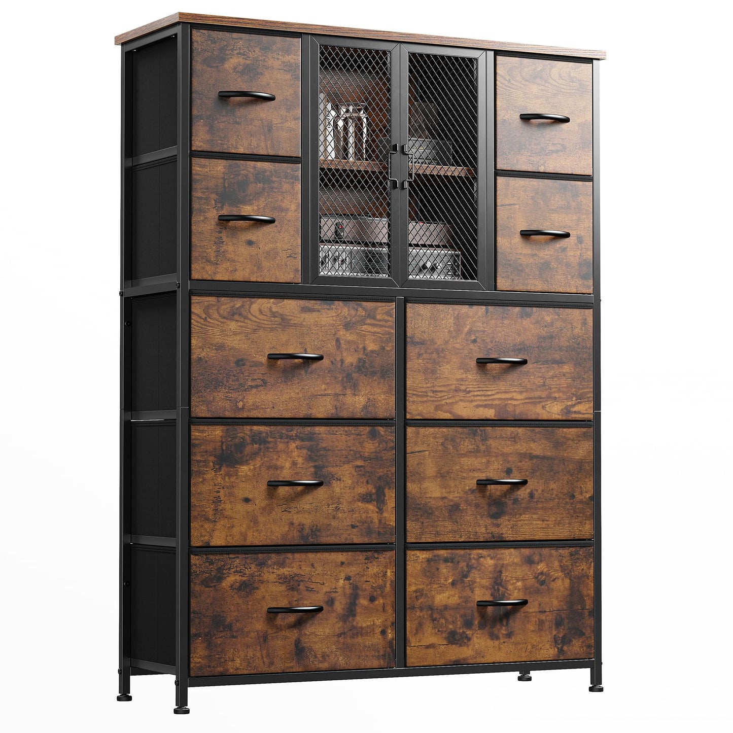 Dresser for Bedroom with Mesh Door Tall Dressers & Chests of Drawers with 10 Fabric Drawers Bedroom Dresser Organizer, Metal Frame, Wood Top, Closet, Entryway, Rustic Brown, 48.1" Hx38 Wx11.81 D