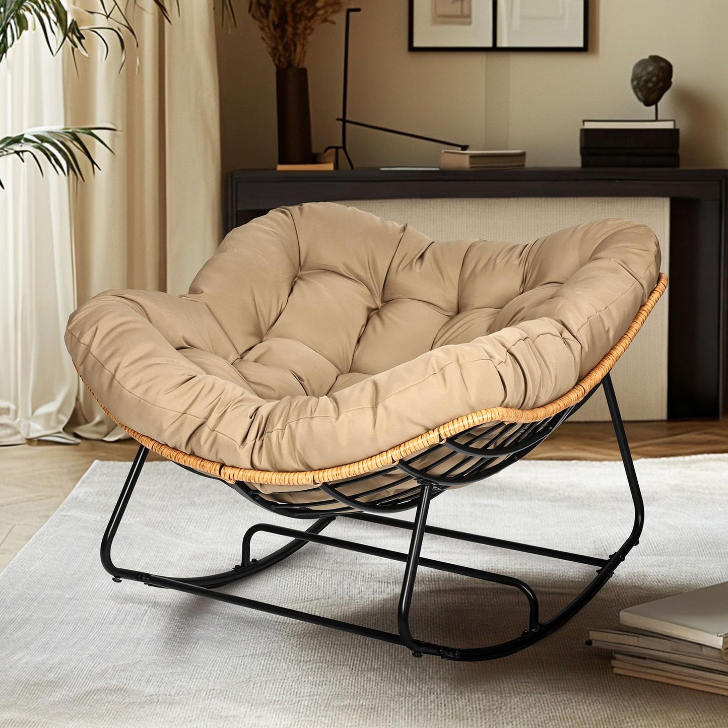 knocetx Papasan Chair, Outdoor Rocking Chair with Cushion, 450LB Heavy Duty Egg Chair, Indoor Outdoor Patio Rocking Chairs for Balcony, Porch, Living Room, Bedroom, Lawn, Garden (Coffee)