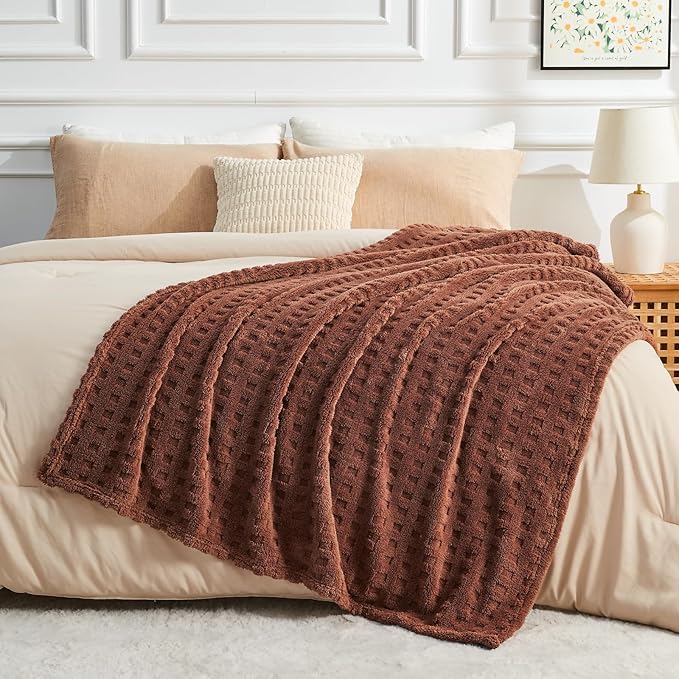 NEWCOSPLAY Super Soft Throw Blanket Coffee Premium Silky Flannel Fleece 3D Waffle Checkered Lightweight Bed Blanket All Season Use (Coffee, Throw(50"x70"))