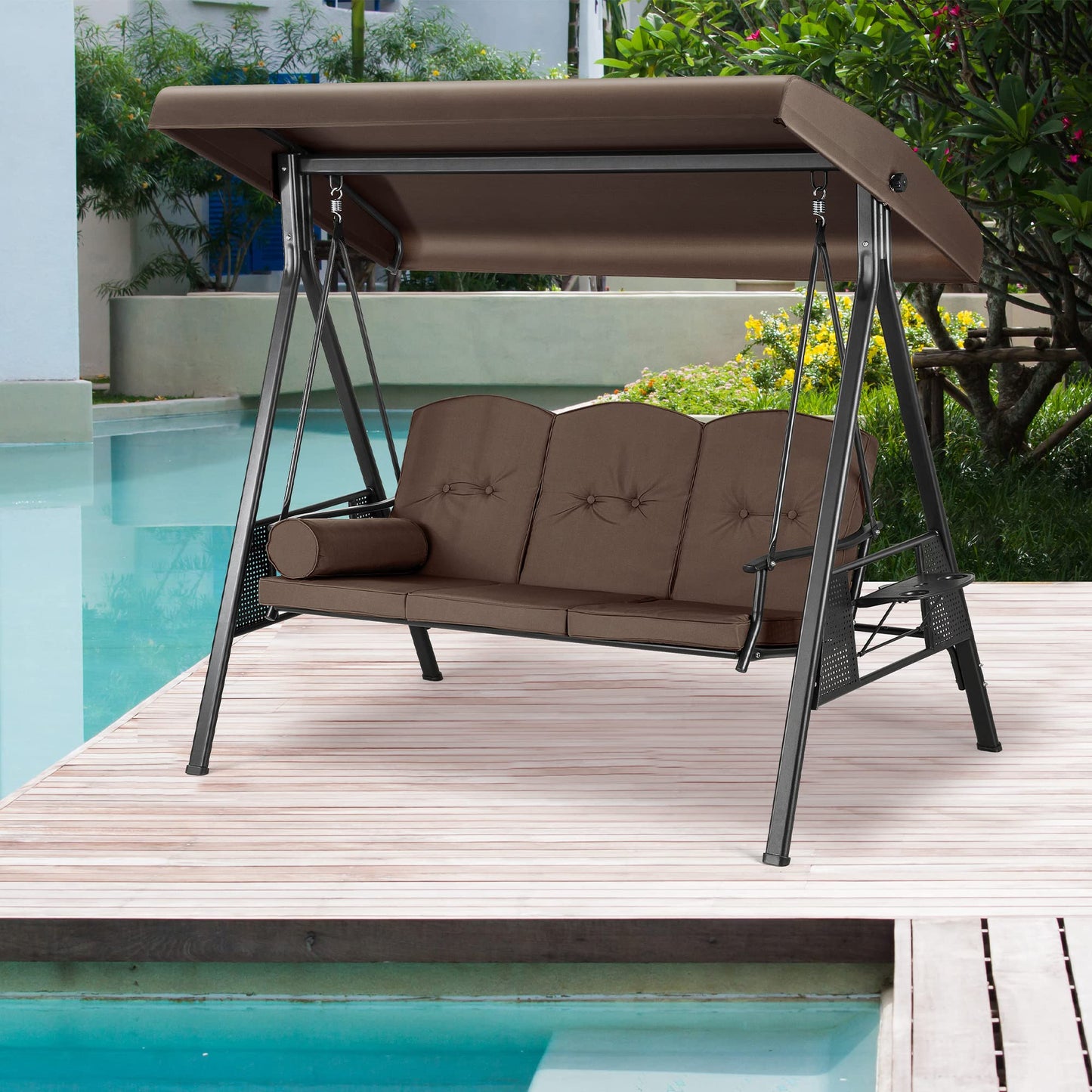 Pamapic 3-Seat Porch Swing with All-Weather Steel Frame, Adjustable Swing Chair with Canopy, Removable Cushion and Pillow Hammock with Stand for Outside, Backyard, Porch, Poolside, Balcony (Topaz)