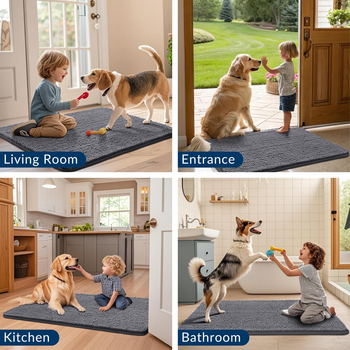 Smiry Dog Door Mat for Muddy Paws 40x32, Absorbs Moisture and Dirt Doormat, Non-Slip Washable Quick Dry Chenille Front Door Mat Indoor Entrance, Entryway Carpet for Inside Floor, Dark Grey