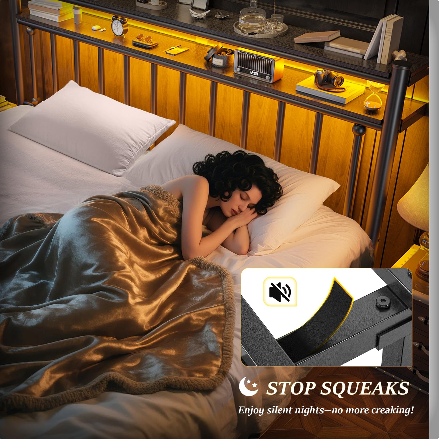 Homkdom Metal King Size Bed Frame and 2-Tier Storage Headboard, Bed Frame King Size with LED Light, Victorian Mattress Foundation Under Bed Storage/No Box Spring Needed/Noise-Free/Easy Assembly, Black