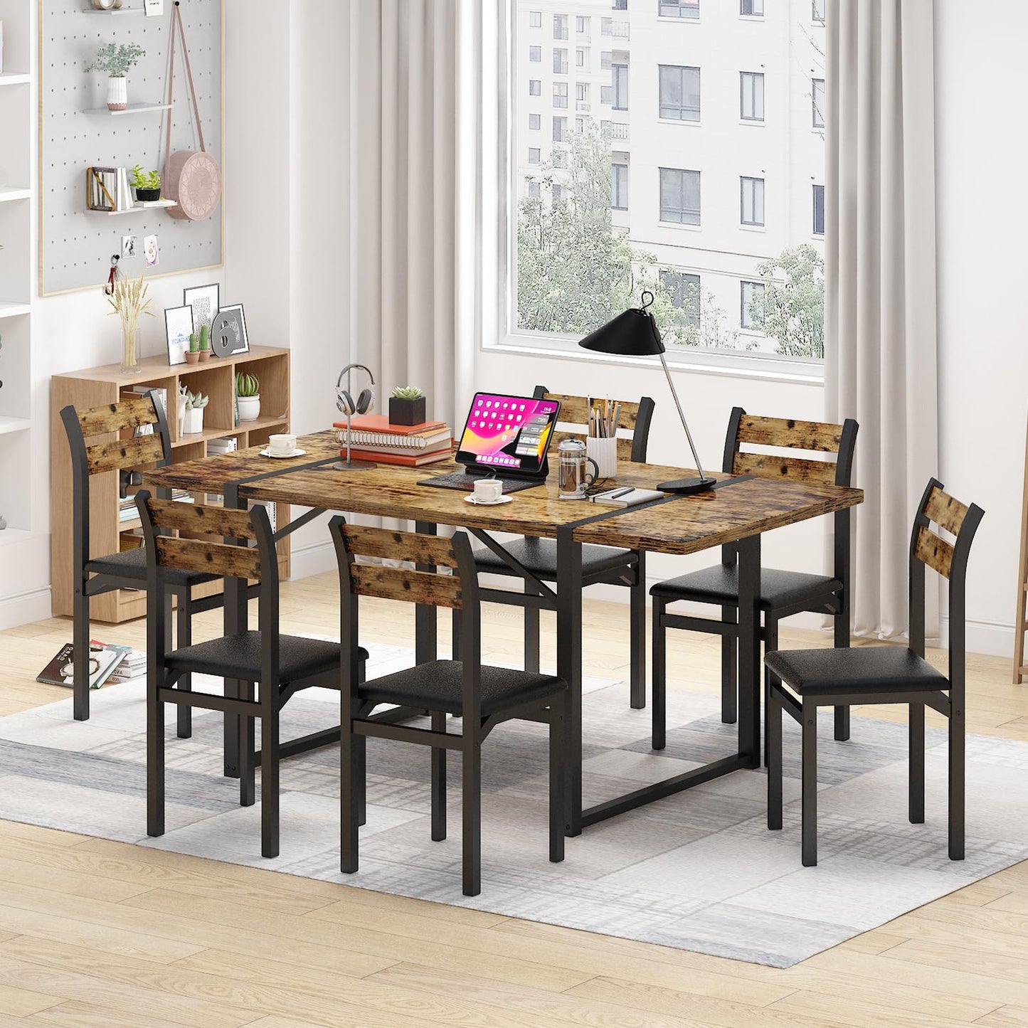 Recaceik Dining Table Set for 6, 55‘’ Wooden Dinner Table Set for 6 with Upholstered Dining Room Chairs, Farmhouse Kitchen Table and Chairs