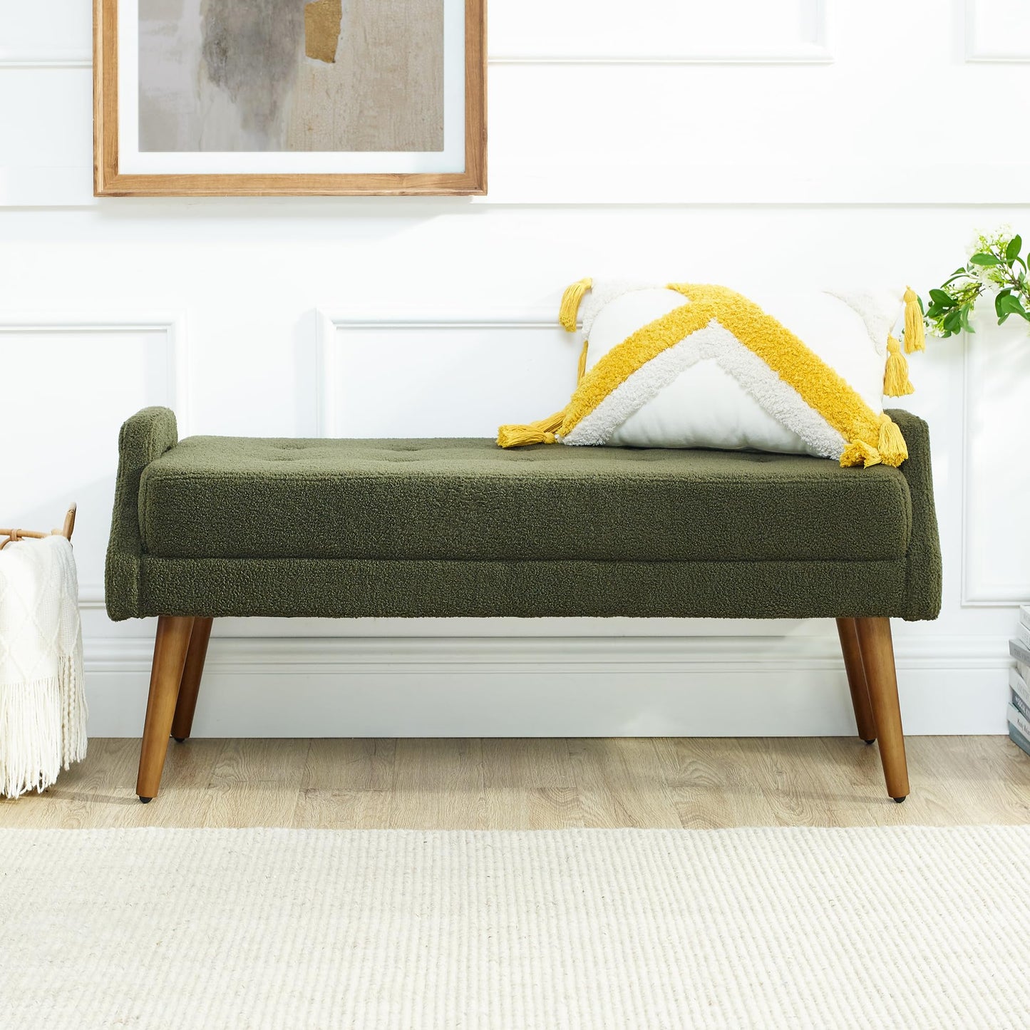 ECLYL Teddy Velvet Armrest Bench is Soft and Comfortable, with Dark Brown Wooden Legs That are Sturdy and Durable,inBedroom, Living Room, Family Room (Green)