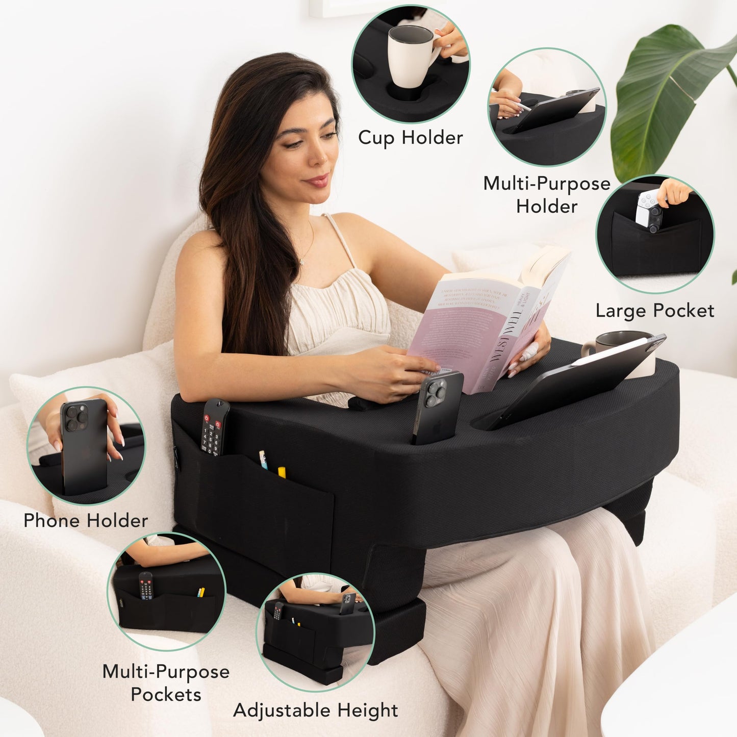 TabCouchCaddy Reading Pillow for Gaming – Extra Large Lap Desk & Arm Rest with Cup & Phone Holder, Adjustable Heights, Laptop Support, Large Pockets – Comfortable for Work, Gaming & Crocheting (Black)
