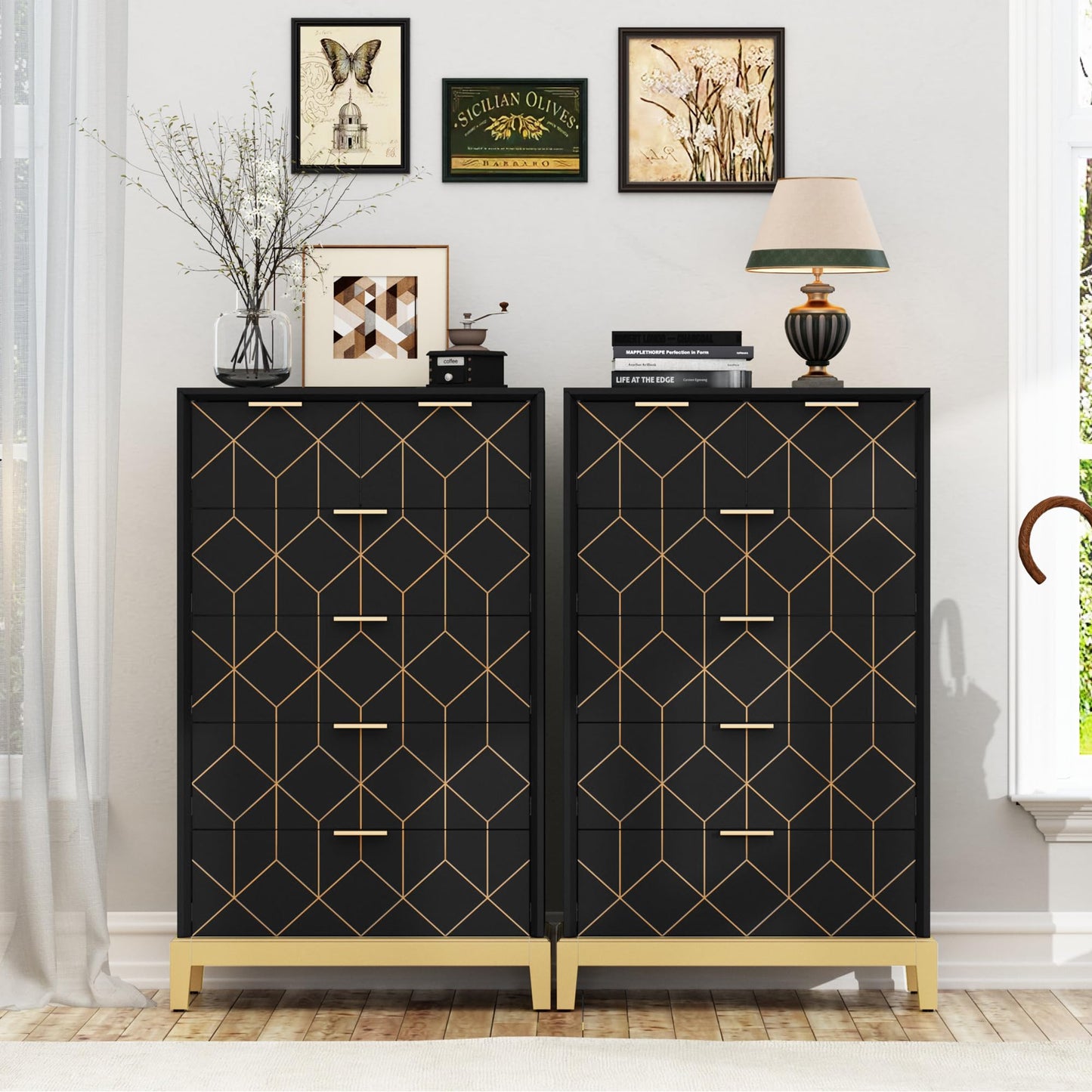HLR 6 Drawer Dresser for Bedroom,Modern Wood Chest of Drawers with Gold Trim, Tall Dresser Storage Tower, Large Capacity Organizer Unit for Closet, Living Room, Hallway, Entryway，Black