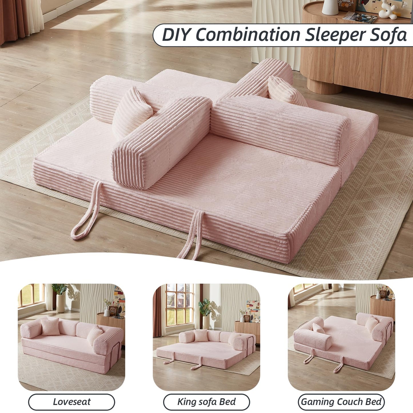 HUAYICUN 4-in-1 Convertible Folding Sleeper Sofa Bed, Plush Corduroy Foldable Mattress Couch with Fixed-Shape Frame, Floor Compressed Sofa for Living Room, Bedroom (Pink)