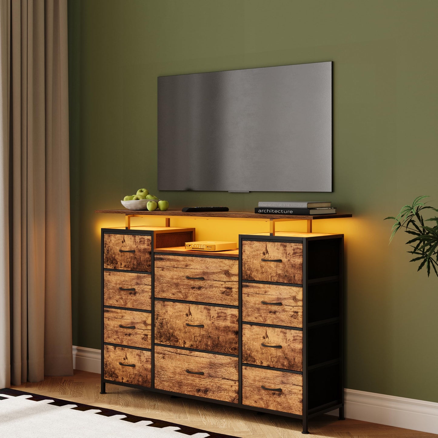 LUMTOK 11 Drawers Dresser with Fabric Drawers,Charging Station, LED Lights and Shelves for Bedroom Storage Organization (Brown)