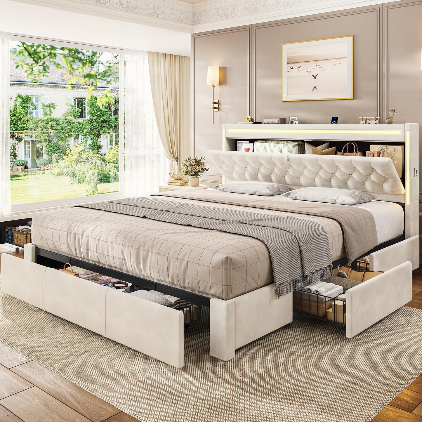 BTHFST King Upholstered LED Bed Frame with 5 Drawers, Velvet Hidden Storage Headboard with Charging Station, Button Tufted Headboard and Heavy Duty Metal Slats Support, No Box Spring Needed, Beige