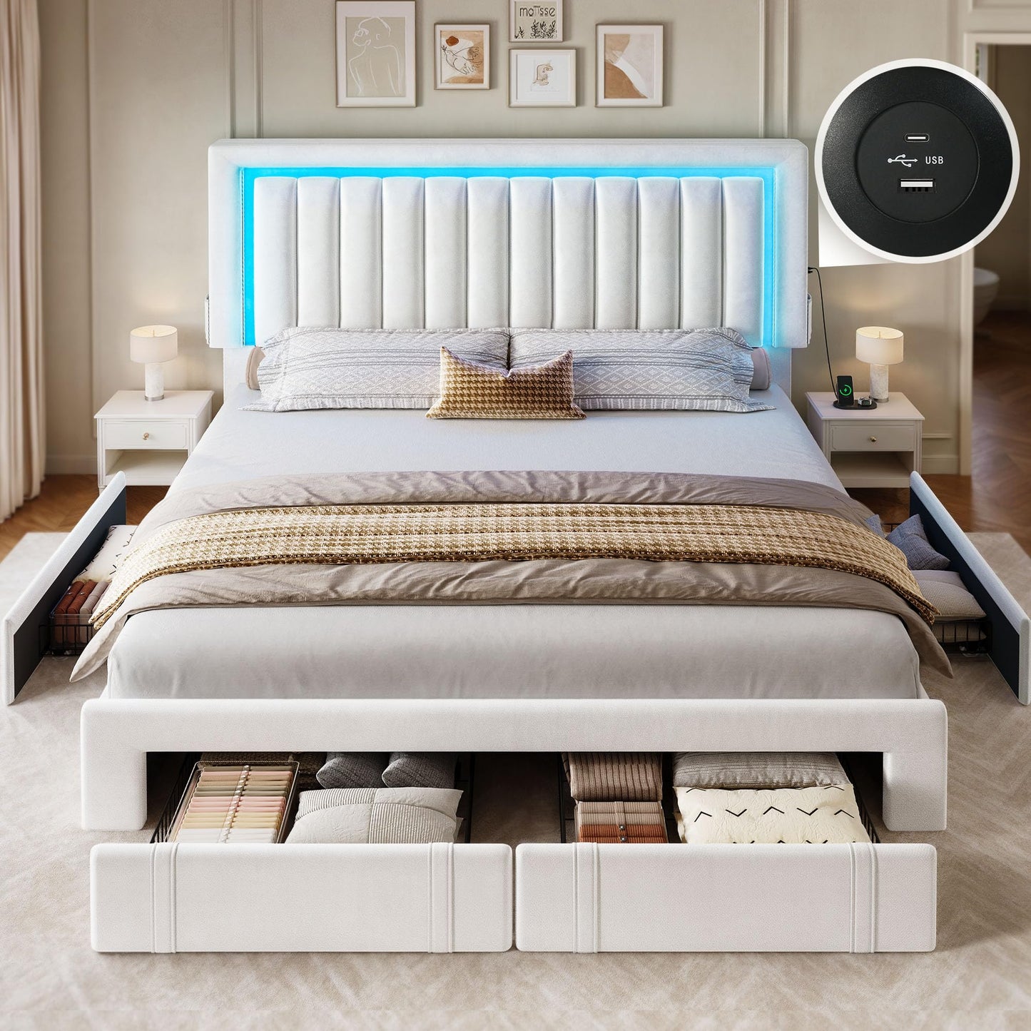 DWVO Queen Size Bed Frame with Adjustable Headboard, 4 Storage Drawers and RGB LED Lights, Velvet Upholstered Platform Bed with USB Ports, No Box Spring Needed, Fast Assembly, Noise-Free, White