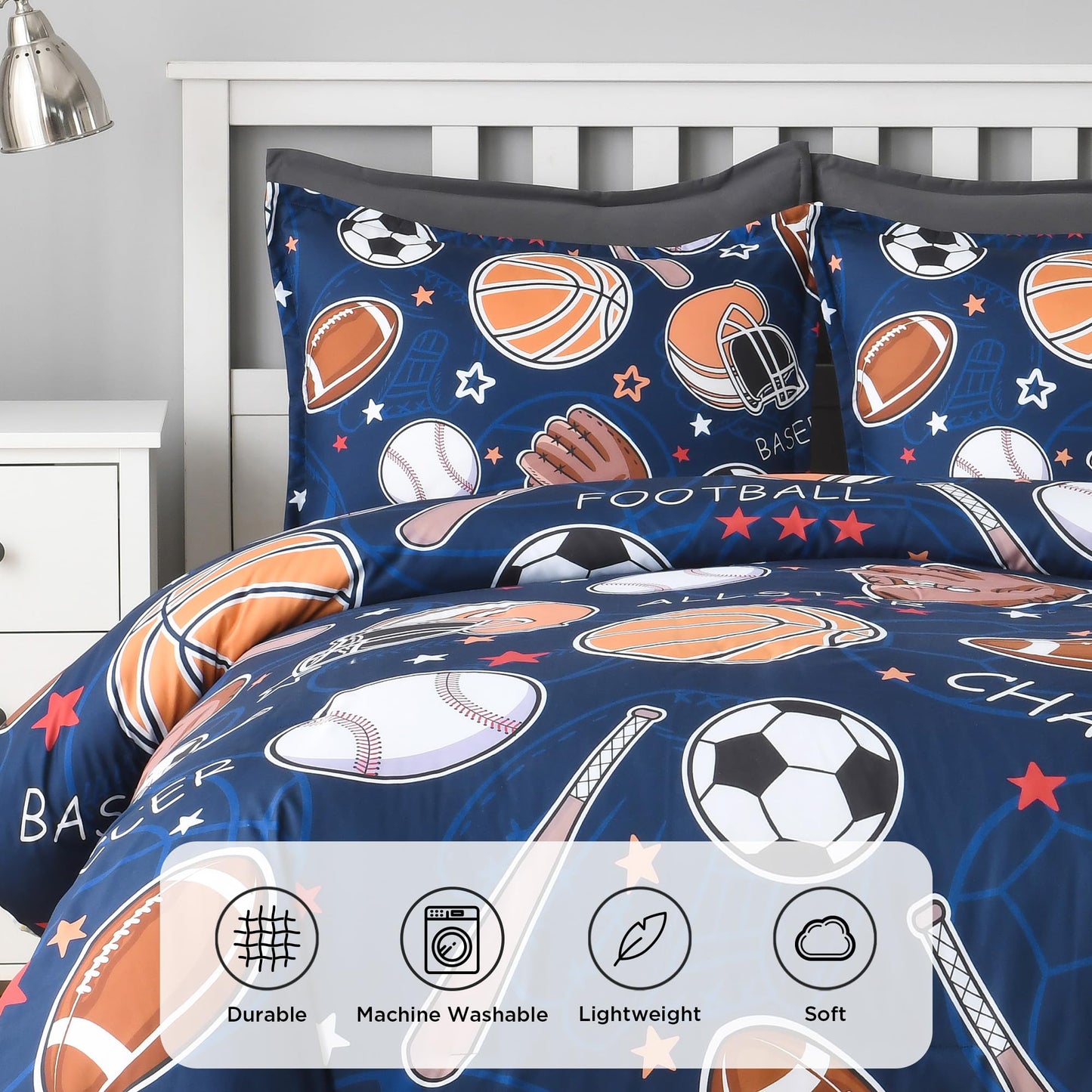 Andency Cartoon Ball Games Comforter Twin(66x90 Inch), 2 Pieces(1 Comforter, 1 Pillowcase) Soccer Basketball Baseball Football Comforter Set Sport Microfiber Bedding Set for Boys Girls Kids Teens