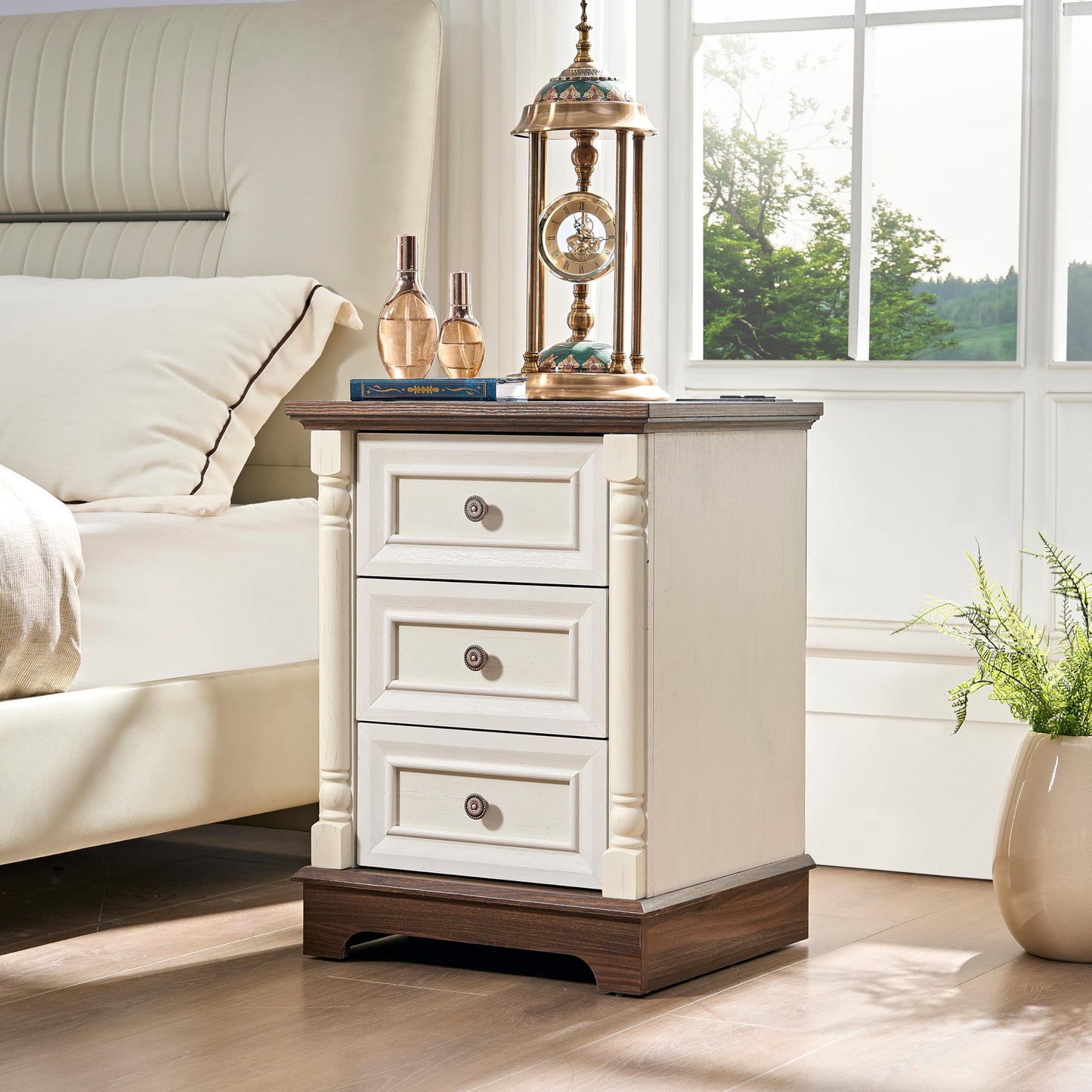 OKYCI Nightstand with Solid Wood Roman Column & Charging Station, Modern 3-Drawer Bedside Table, Farmhouse Wood End Table with Storage for Bedroom/Living Room/Office, Antique White & Brown
