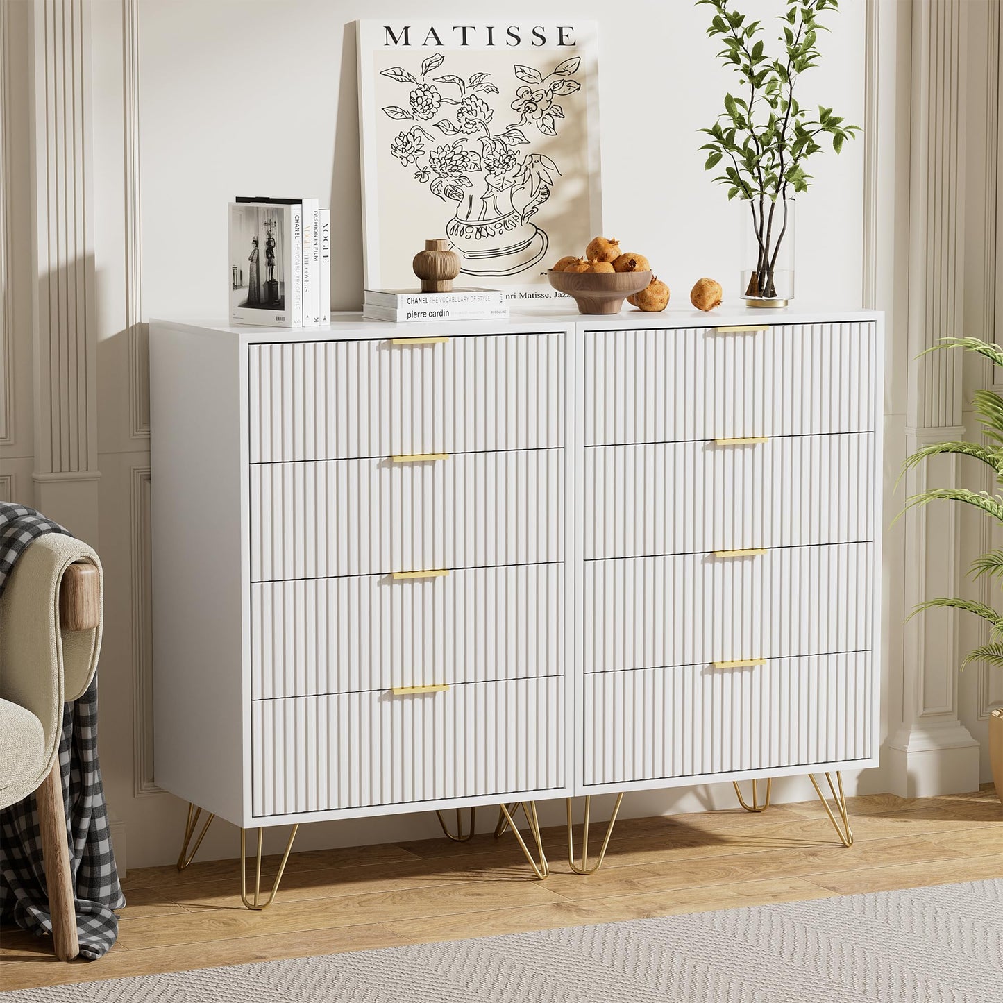 Furniway White Dresser for Bedroom, Modern Wide Dresser with Gold Pulls and 4 Drawers for Bedroom, Closets, 15.7" D x 23.6" W x 37.4" H
