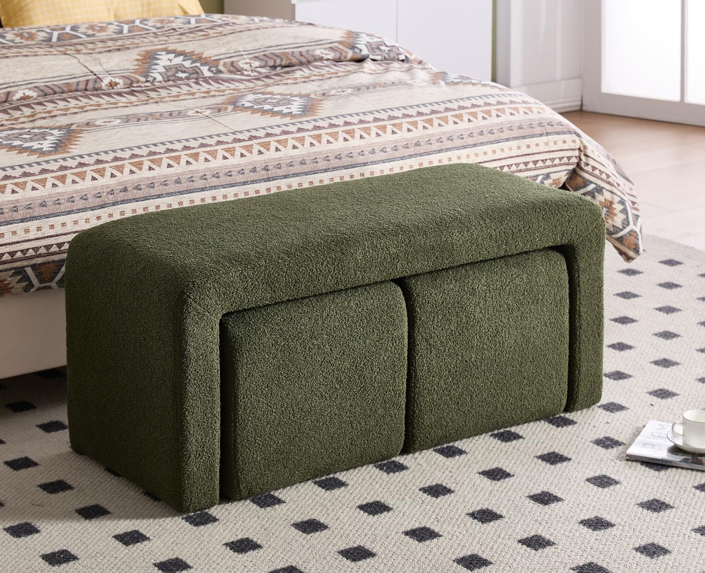 Shunzhi Modern Green Boucle Entryway Bench Set of 3 Nesting Upholstered Sherpa End of Bed Bench Rectangular Vanity Ottoman Bench with 2 Small Footrest Stool for Living Room/Bedroom/Hallway