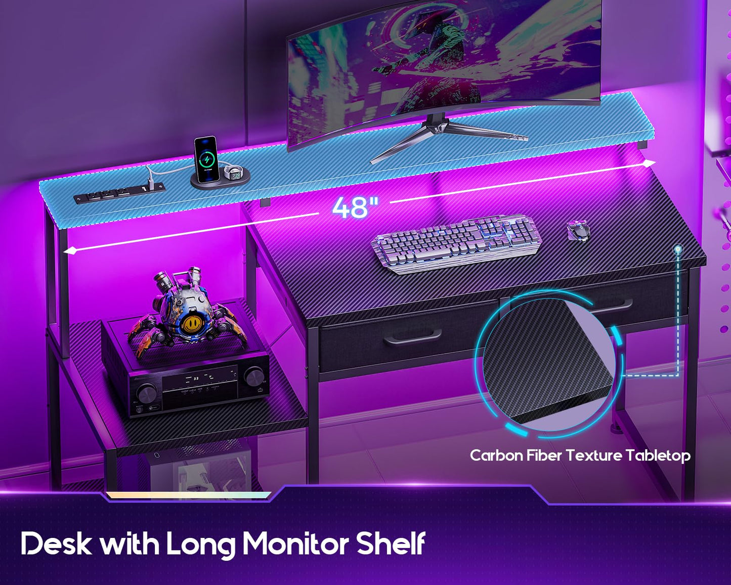 ODK Gaming Desk with Led Lights & Power Outlet, 48 Inch Computer Desk with Drawers, Office Desk with Large Display Storage Shelves, Reversible Desk with Monitor Stand for Home, Carbon Fiber Black