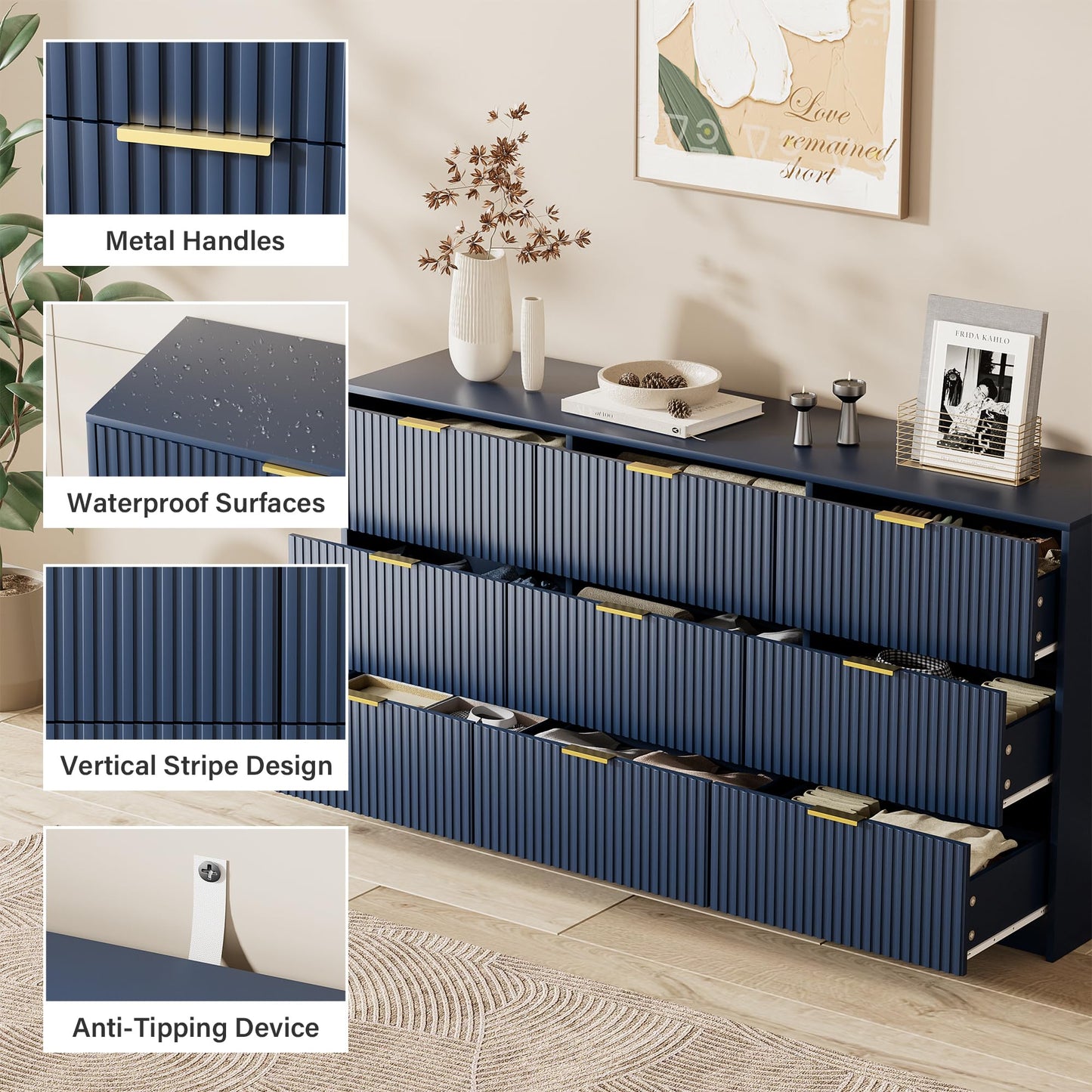 Furniway Blue Dresser for Bedroom, Modern Dresser with 9 Drawers and Smooth Slides, Wide Chest of Drawers with Golden Handles for Bedroom, Living Room, Closet, 15.7" D x 63" W x 31.5" H