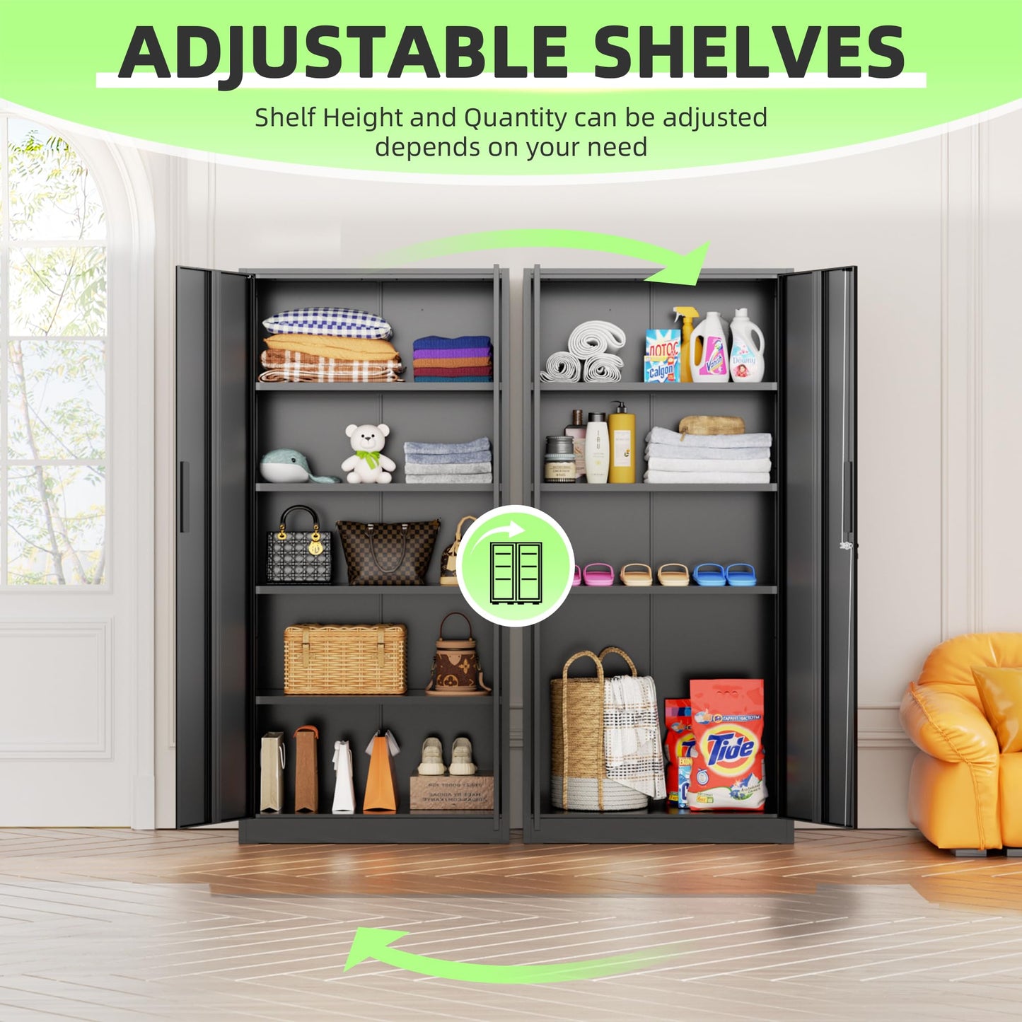 Crownland 72" Metal Storage Cabinet, Lockable Garage Storage Cabinets, High Office Cabinet with Adjustable Shelves for Garage, Home Office, Classroom, Pantry(Classic Black-Narrow Size)