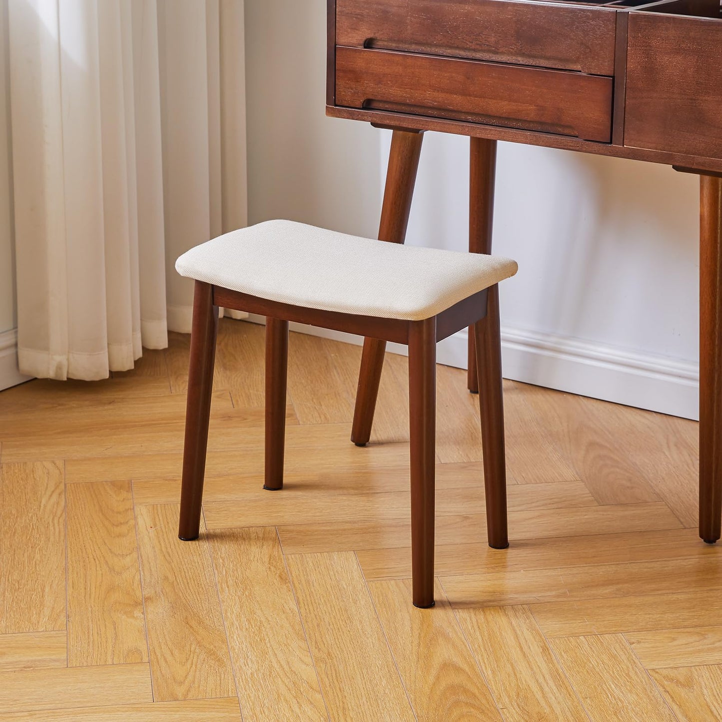 IBUYKE Saddle Cushion Vanity Stool Chair, Foot Rest Stool with Solid Wood Legs, Modern Vanity Bench Ottoman for Piano, Upholstered Seat for Bedroom, Entryway, Walnut Legs&Off White WBD007HM