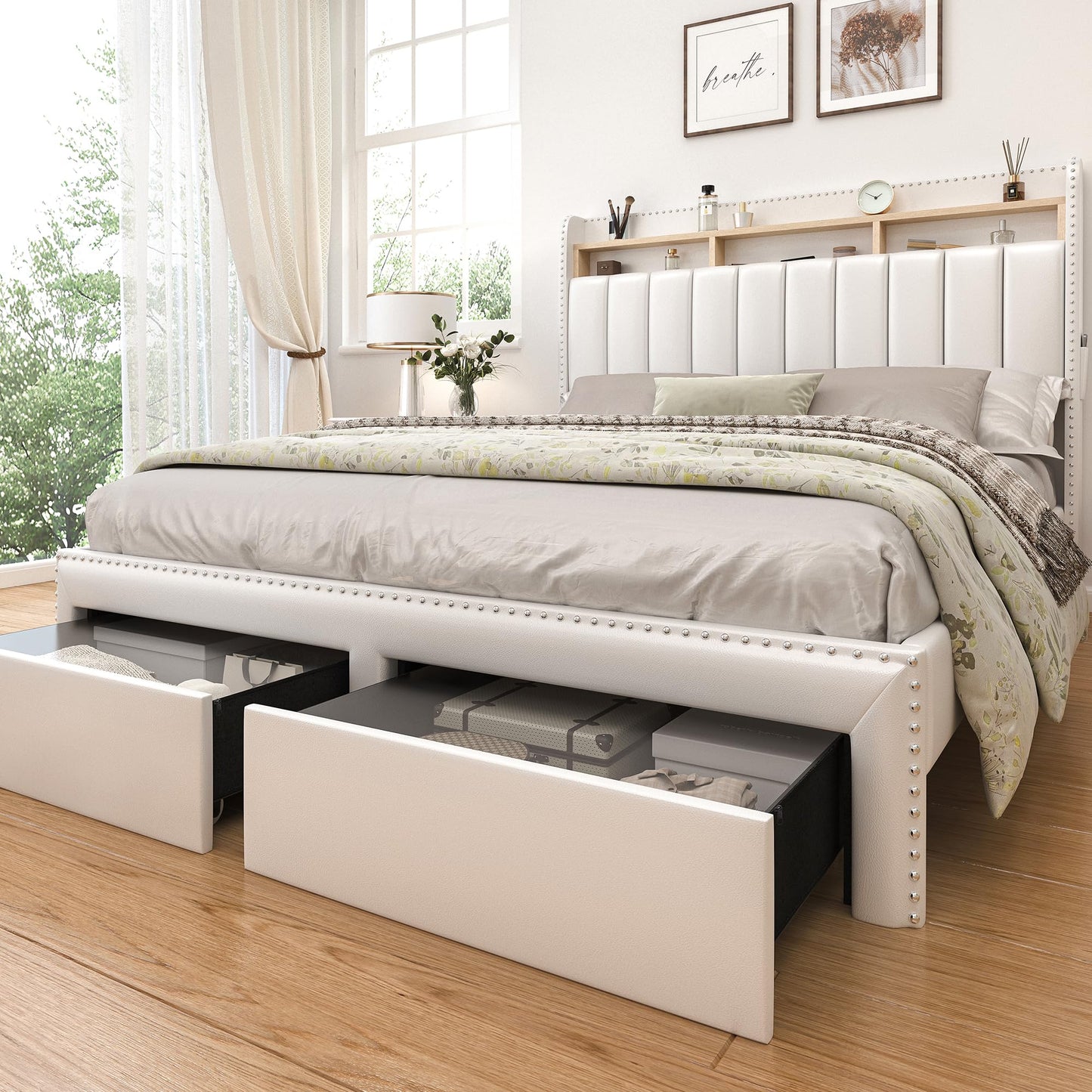 SIBEDS Queen LED Bed Frame with 2 Drawers, Modern Platform Beds with 2 Tier PU Leather Upholstered Storage Wingback Headboard, Channel Tufted Bedframe with Rivet Decor, No Box Spring Needed, White