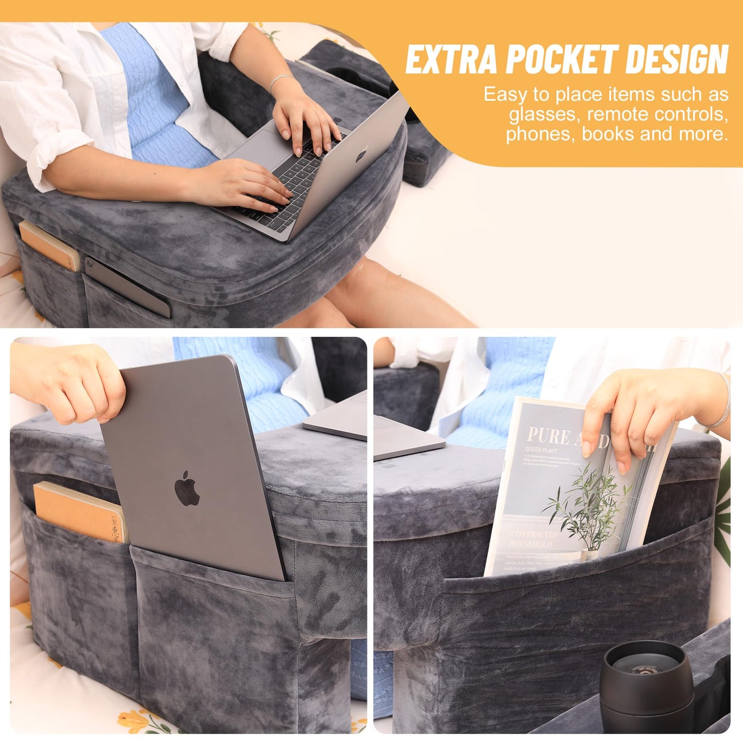 KKdema Reading Pillow & Gaming Pillow for Lap, Lap Desk Pillow for Gaming with Coaster, Soft Arm Rest Pillow for Adult, Memory Foam Rest Pillows for Reading, Working, Sitting in Floor Sofa, Grey