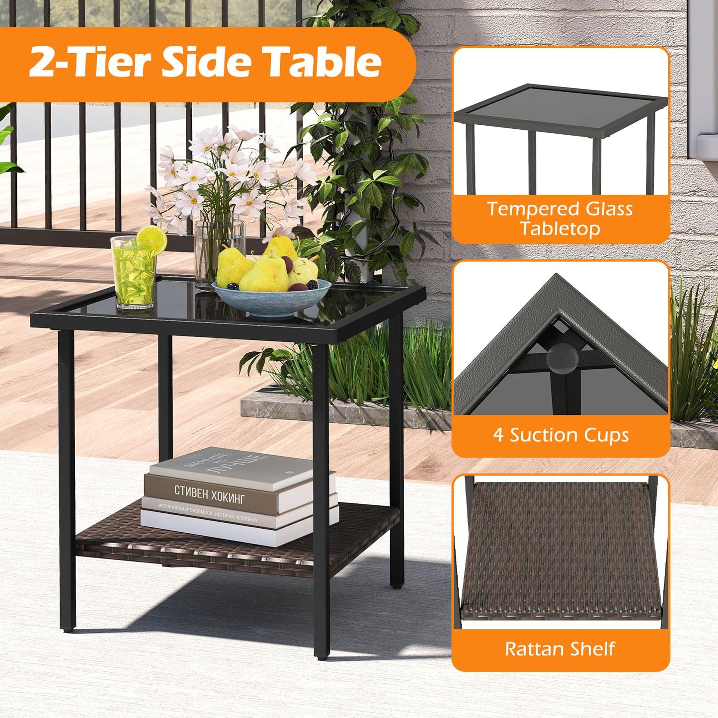 Tangkula 3 Piece Outdoor Swivel Chair Set, Patio Wicker Rotating Cushioned Chairs with 2-Tier Tempered Glass Side Table, for Porch, Yard, Balcony, Garden (Off White)