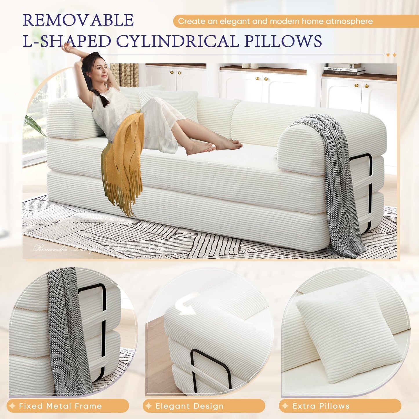 JEEOHEY Convertible Folding Sofa Bed, Corduroy Sleeper Mattress Couch with Fixed-Shape Frame, Free Combination Loveseat Lounge Floor Sofa, Queen Size Memory Foam Couch for Living Room, Bedroom, White